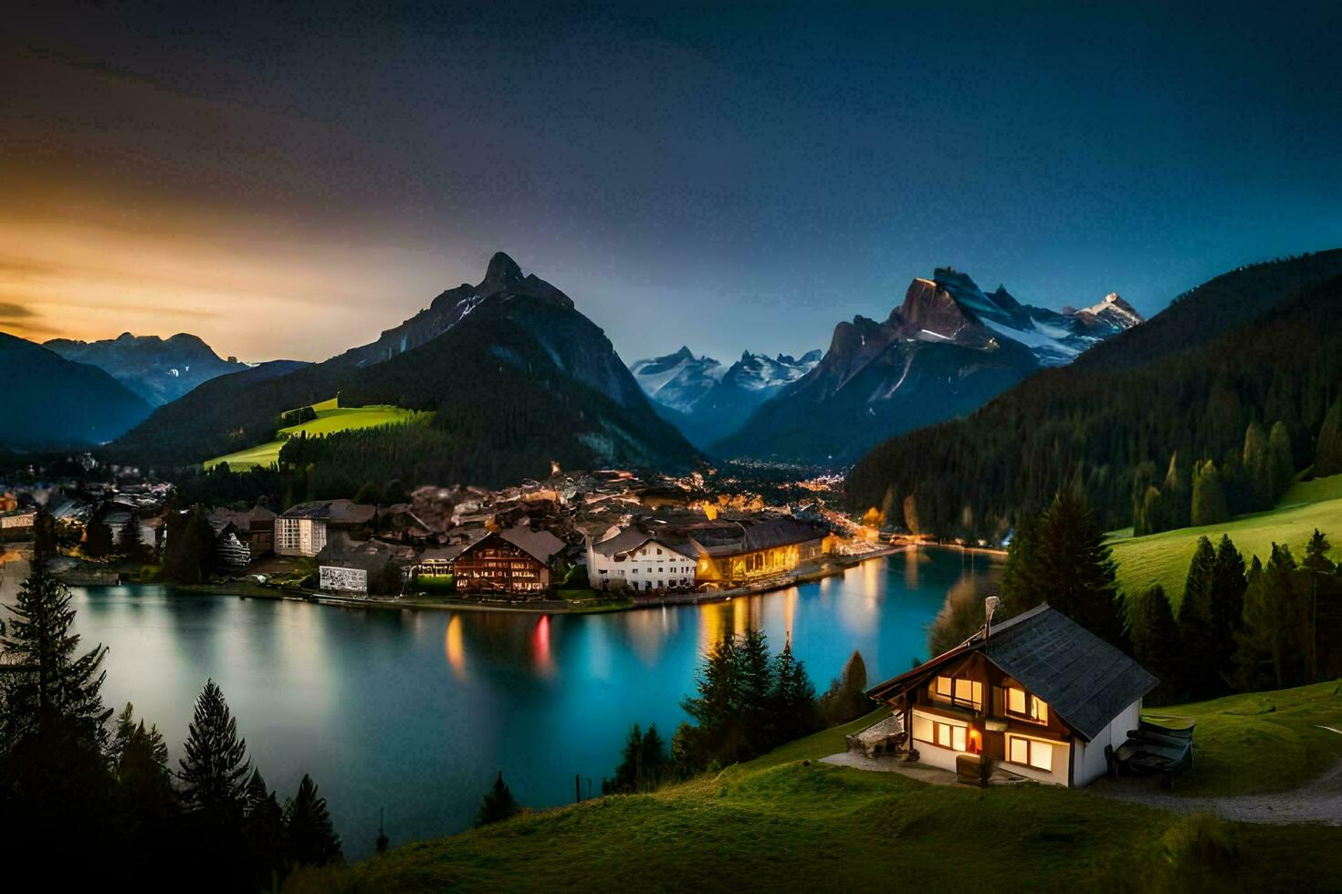 foto fondo de pantalla montañas, lago, casa, el noche, el montañas, Suiza, el Alabama. generado por ai