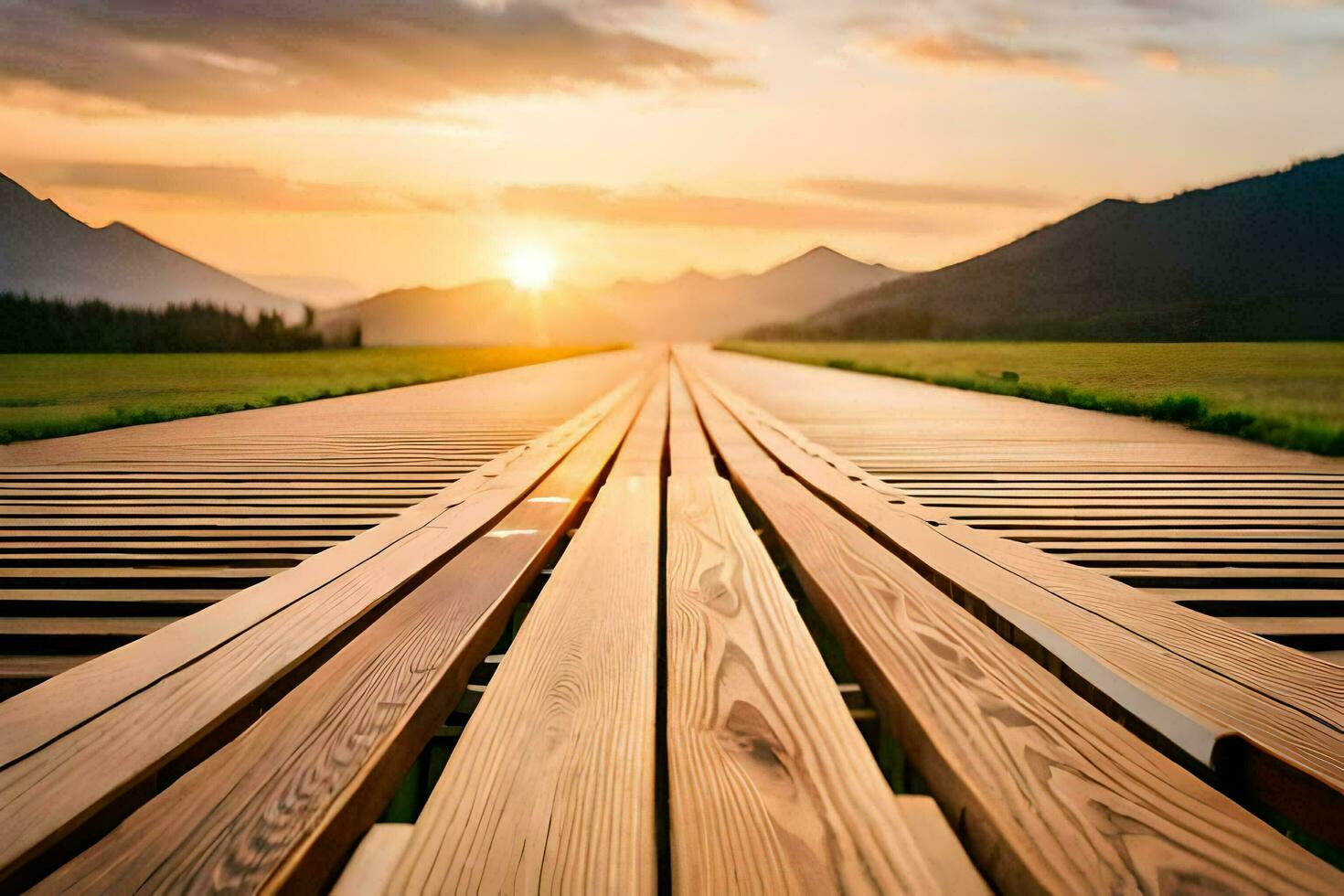 a wooden walkway in the middle of a field. AI-Generated photo