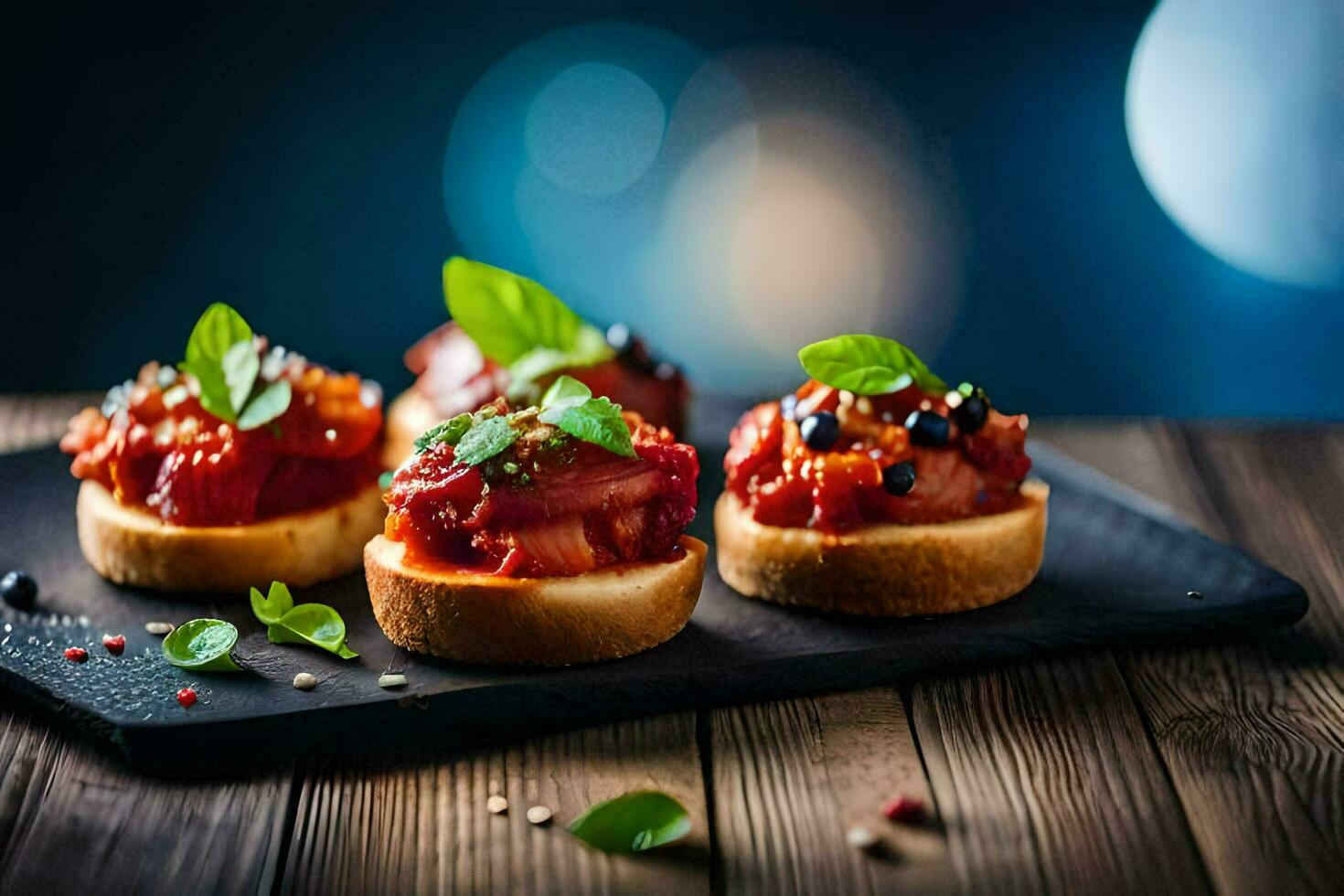 small sandwiches with tomato sauce on a black plate. AI-Generated photo