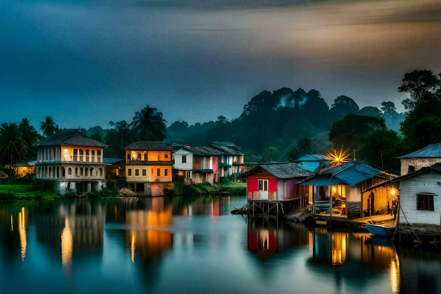houses on the water at night in a village. AI-Generated photo