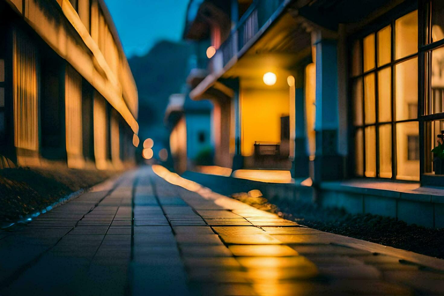 a long, narrow alleyway with lights on the street. AI-Generated photo