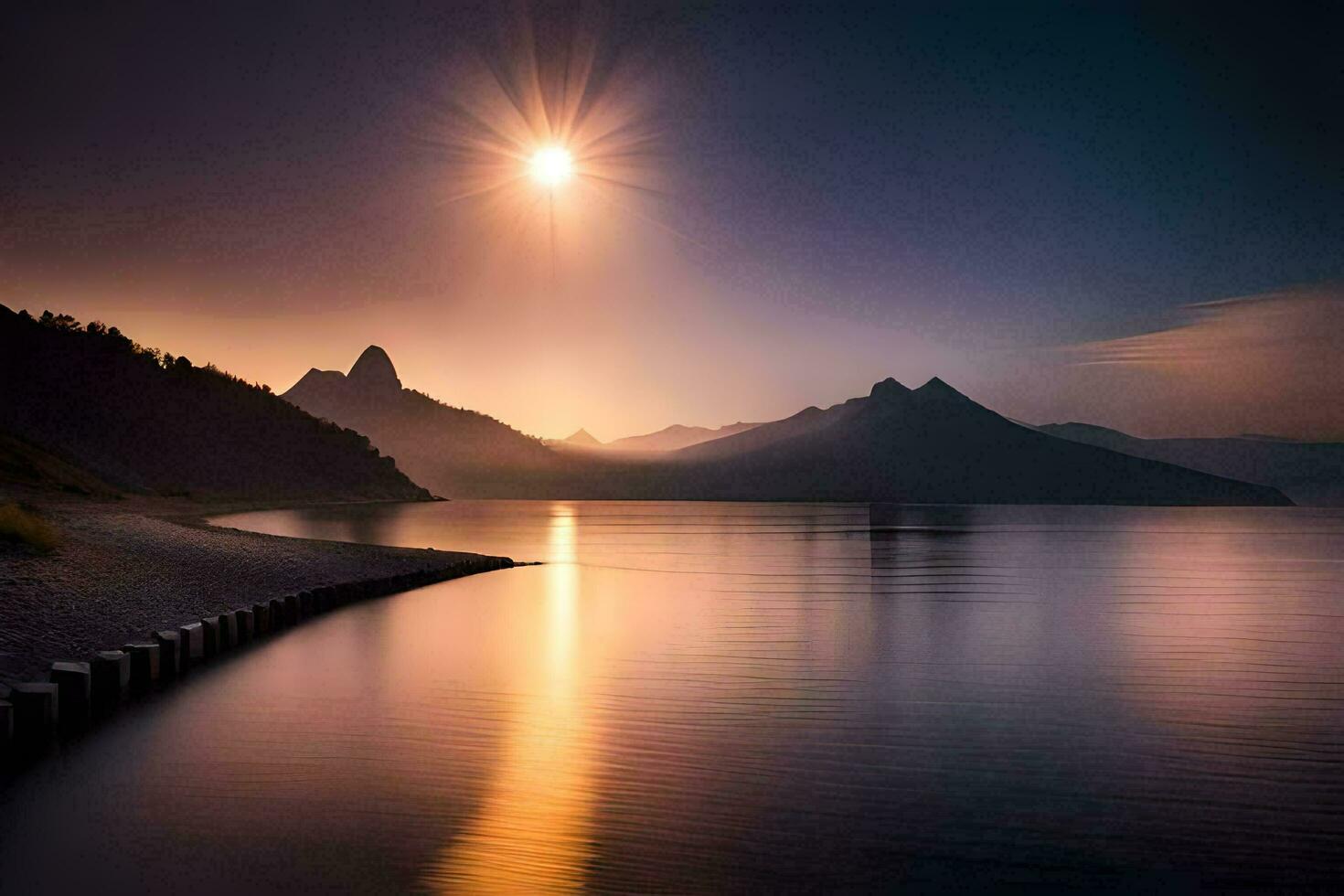 the sun is shining over a lake and mountains. AI-Generated photo