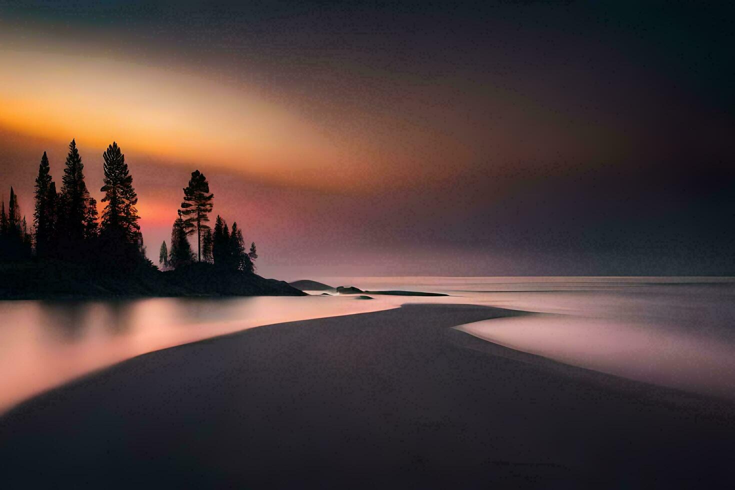 un largo exposición fotografía de un playa a puesta de sol. generado por ai foto