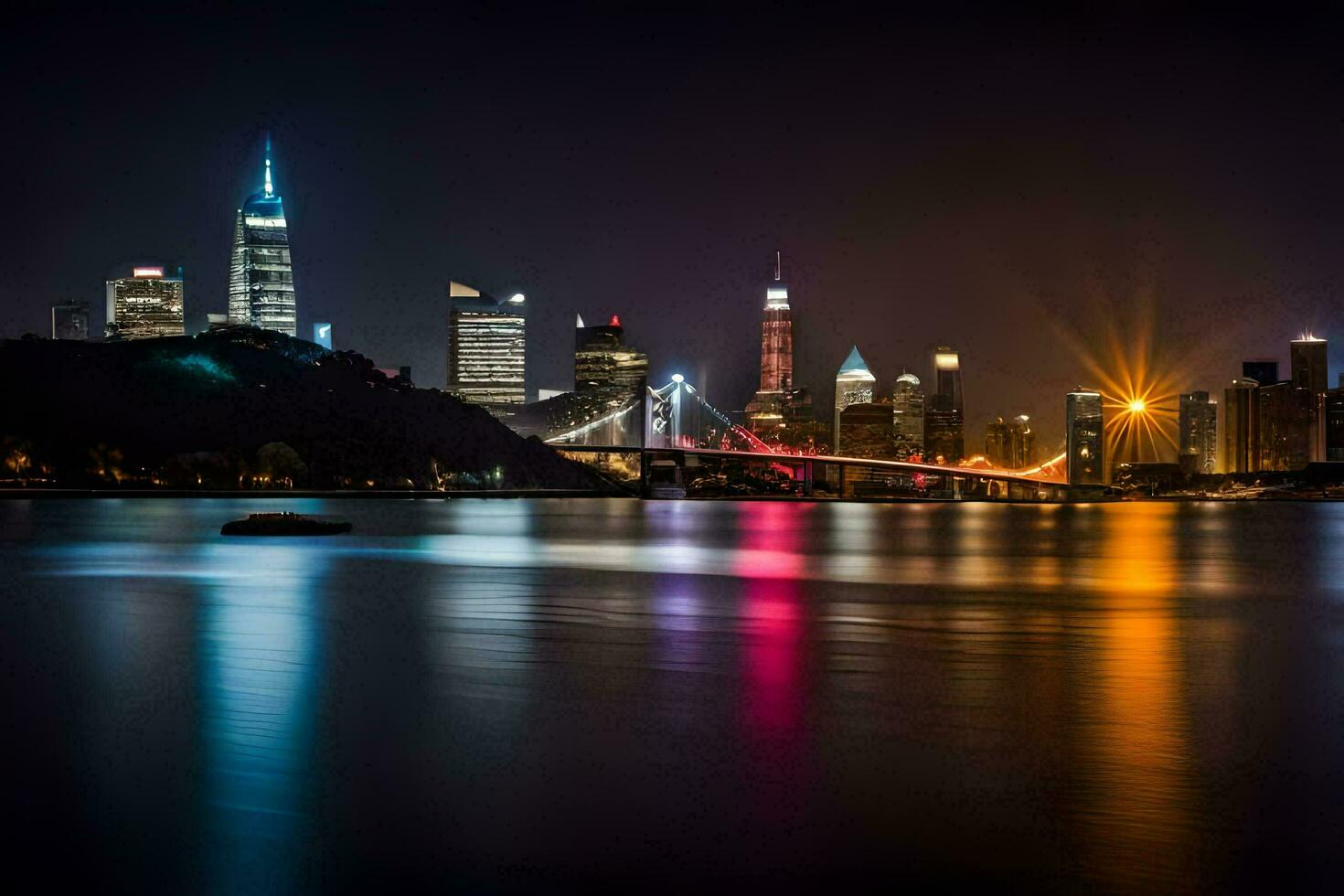 the city skyline at night with lights reflecting off the water. AI-Generated photo