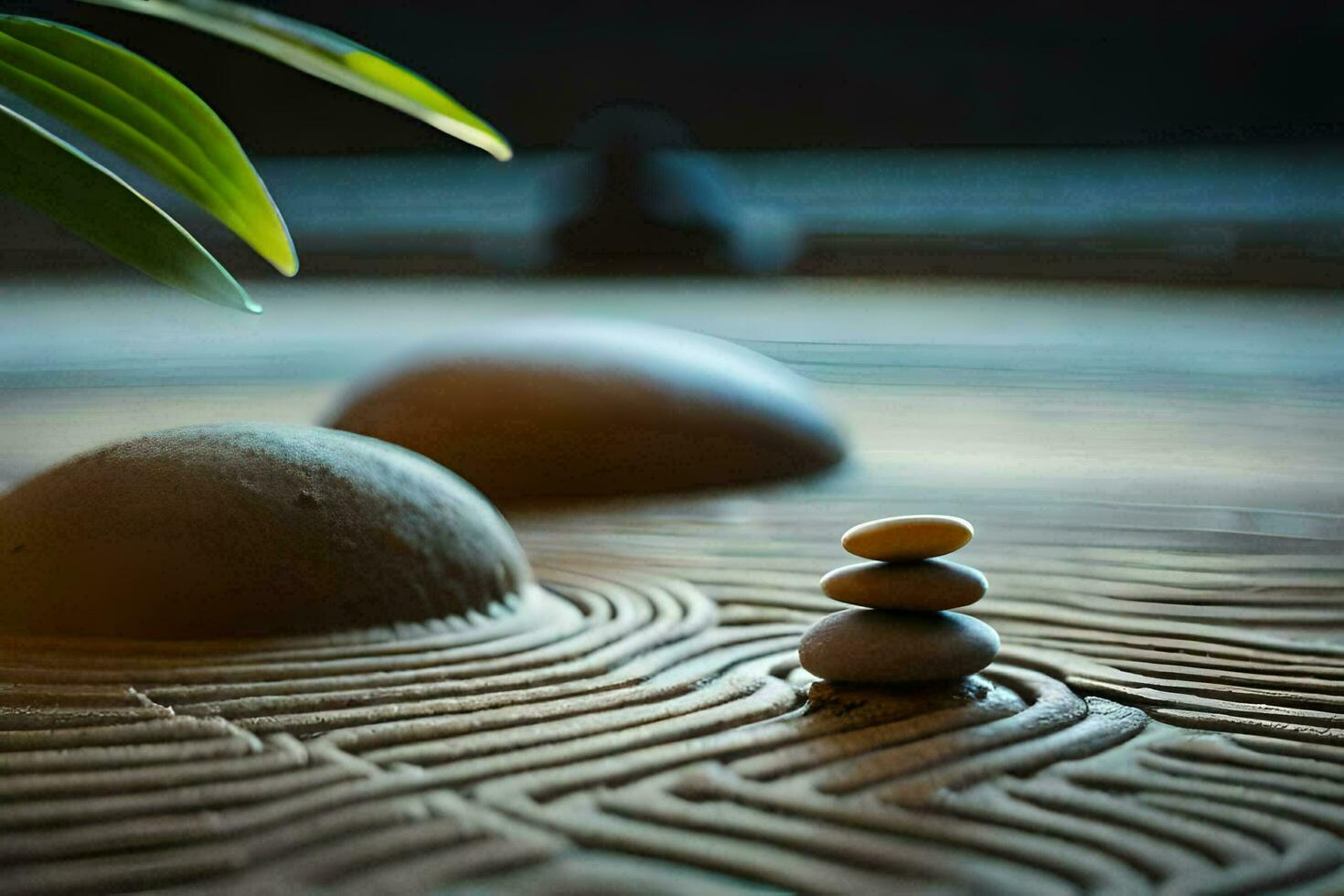 a stone and a plant on a wooden table. AI-Generated photo