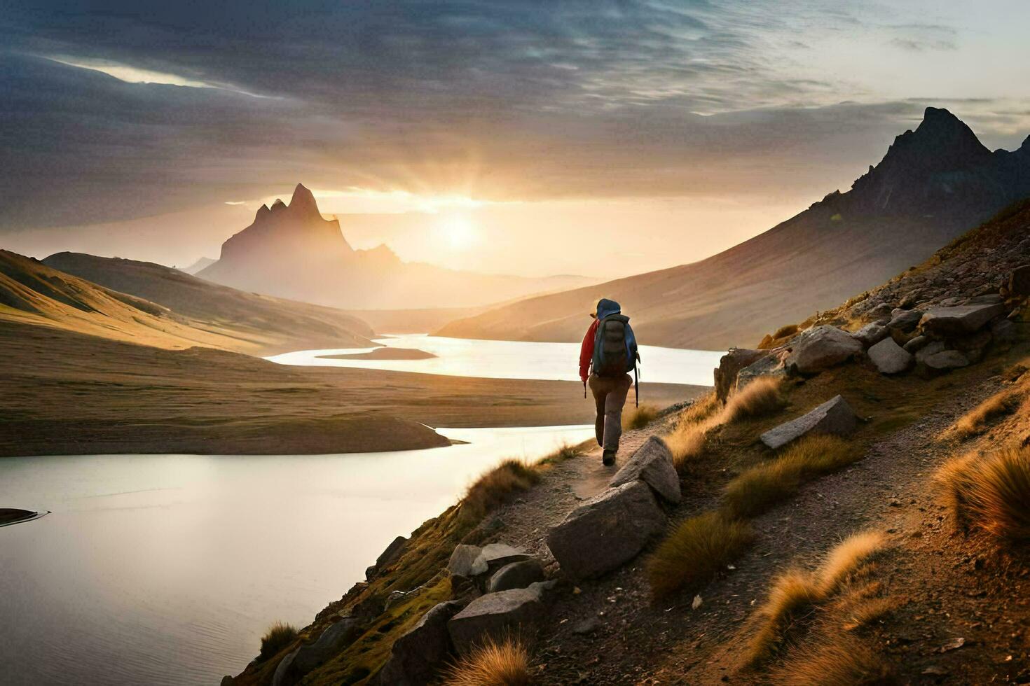 a person walking on a trail in the mountains. AI-Generated photo