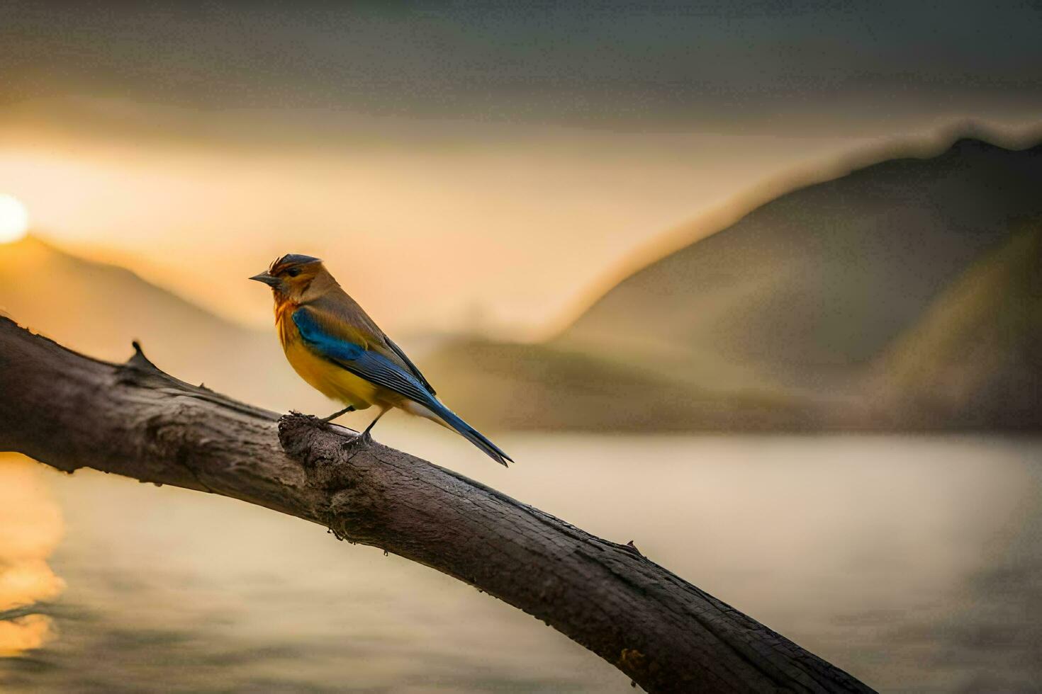 a blue and yellow bird sitting on a branch in front of the sun. AI-Generated photo