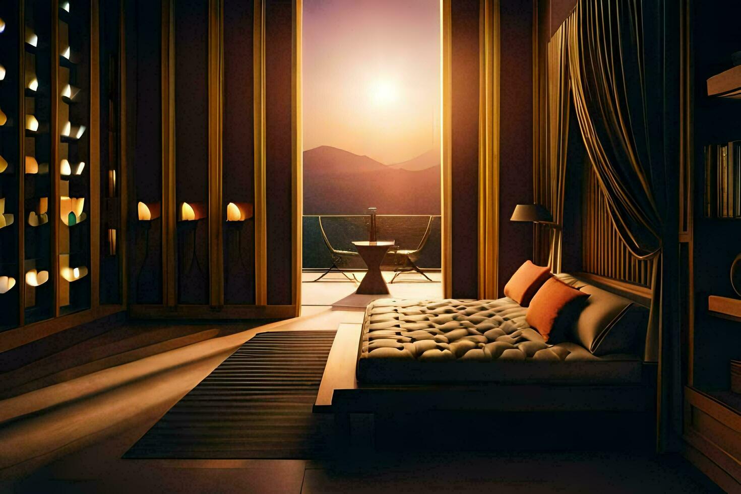 un dormitorio con un cama y un ventana mirando fuera a el montañas. generado por ai foto