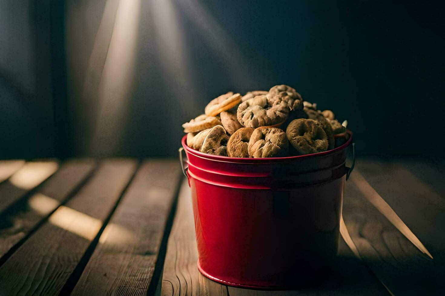 a bucket of cookies on a wooden table. AI-Generated photo