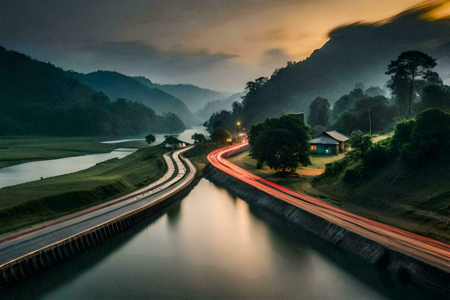 a long exposure photo of a river and road. AI-Generated