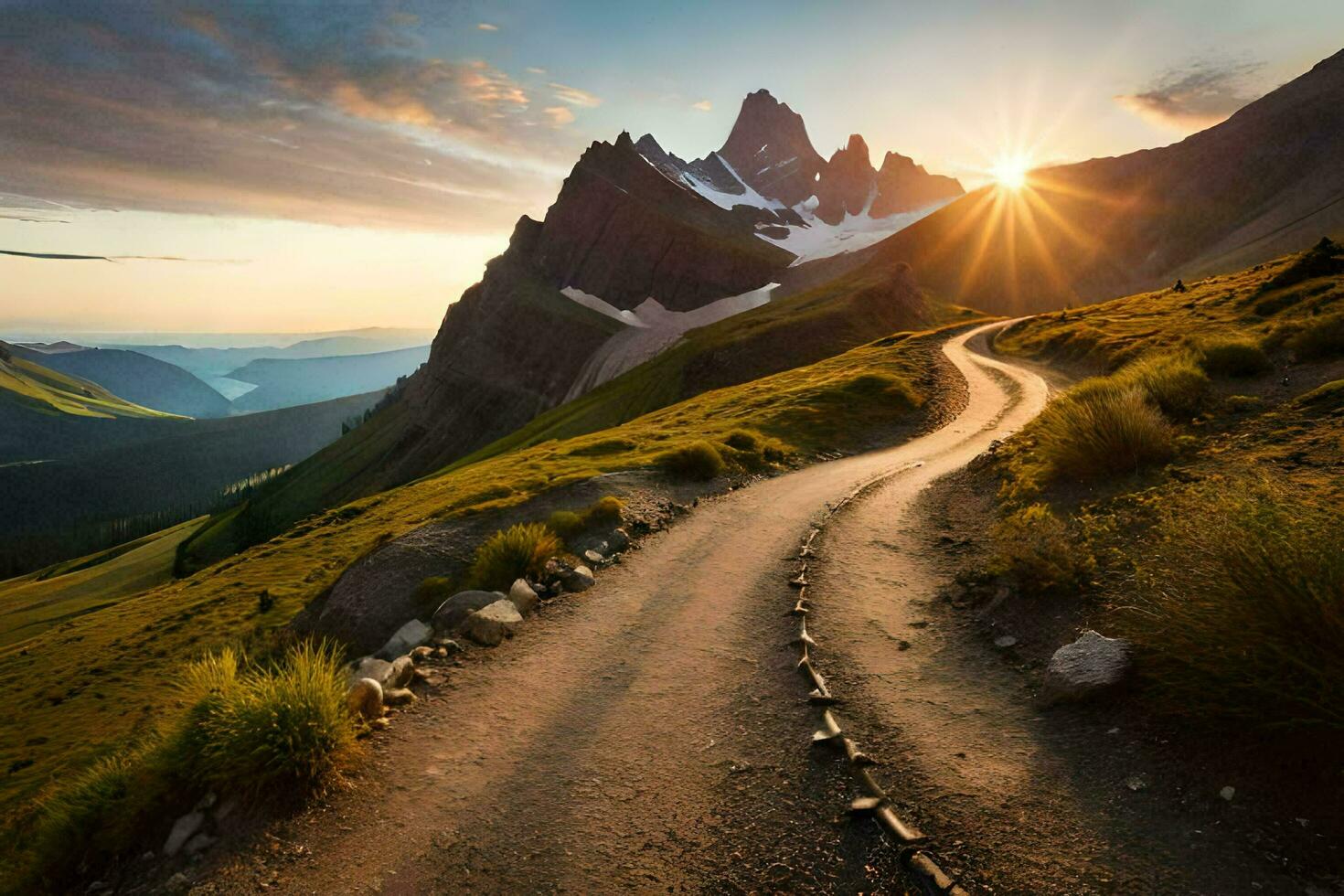 the sun rises over a mountain road in the middle of a valley. AI-Generated photo
