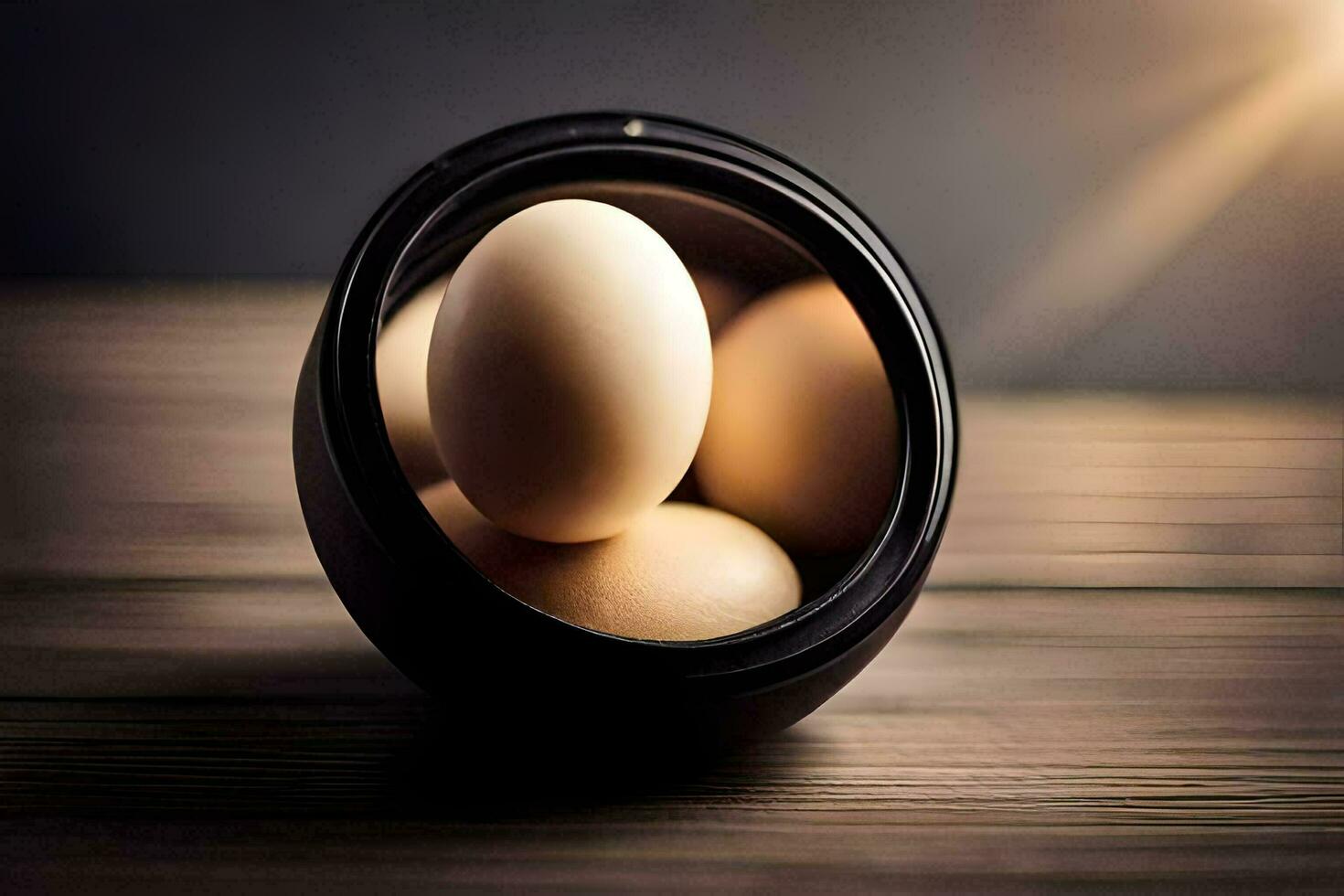 three eggs in a bowl on a table. AI-Generated photo