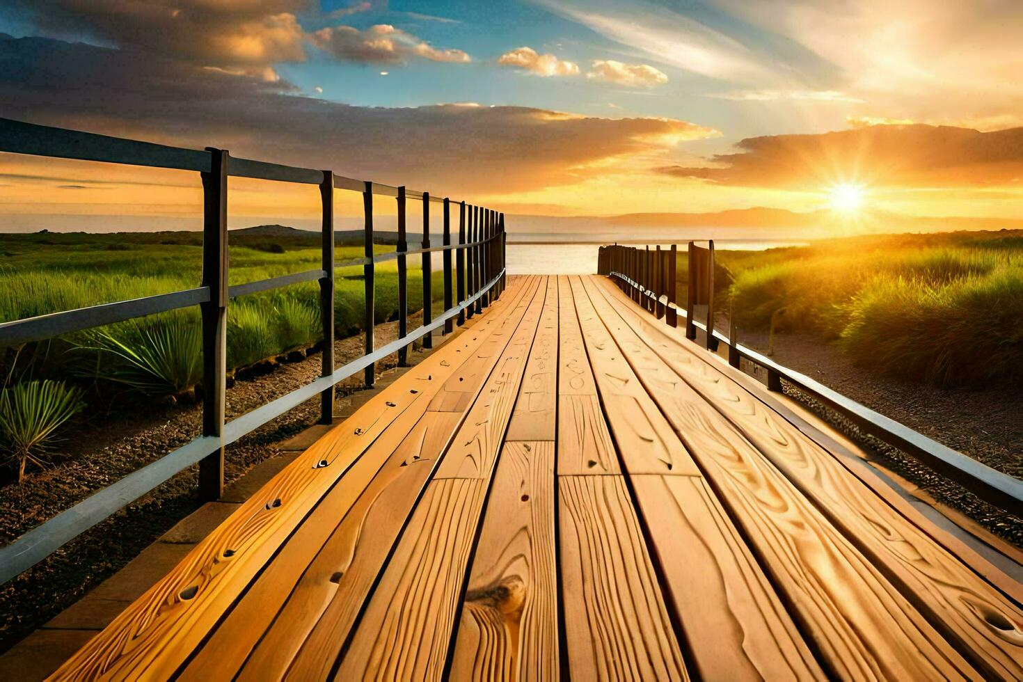 a wooden bridge over a body of water at sunset. AI-Generated photo