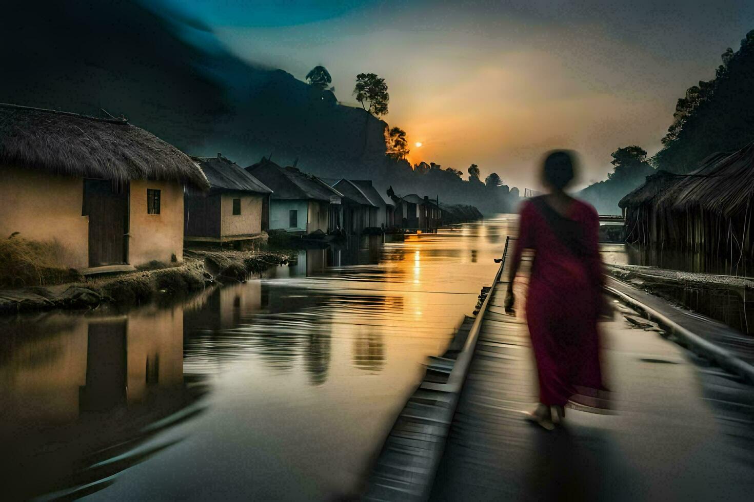 a woman walks along a river in front of a village. AI-Generated photo