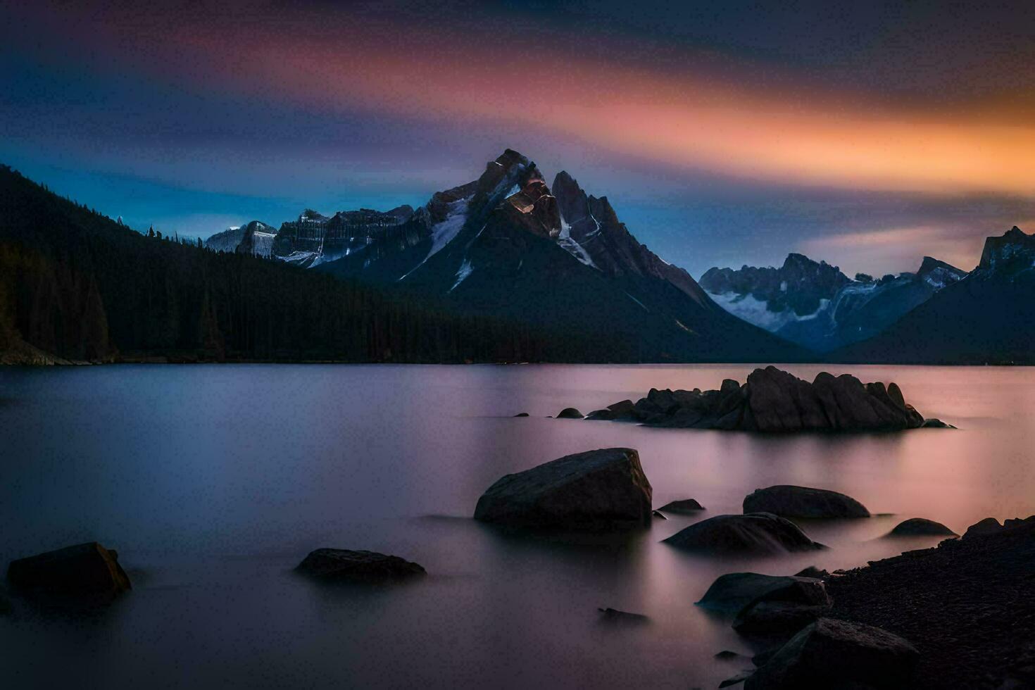 a beautiful sunset over a lake and mountains. AI-Generated photo