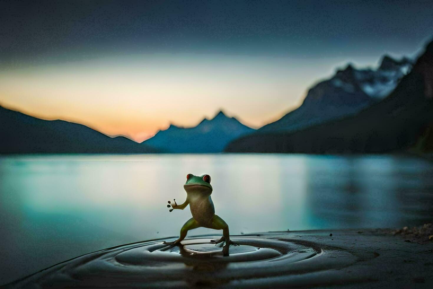 un rana en pie en un rock en frente de un lago. generado por ai foto
