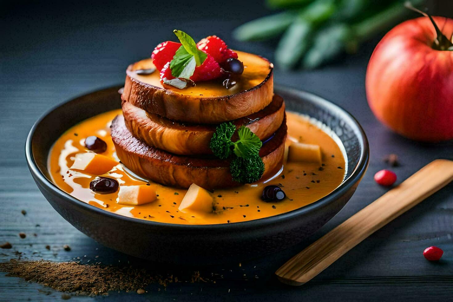 a stack of pancakes with berries and apples on a black background. AI-Generated photo