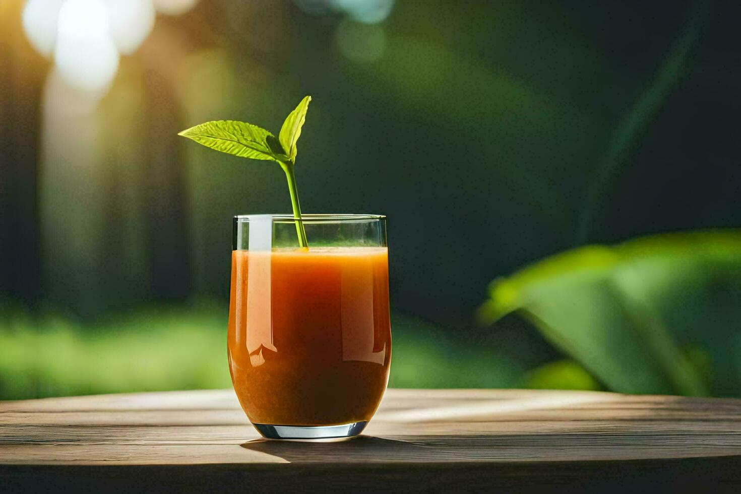 a glass of carrot juice on a table in the sun. AI-Generated photo