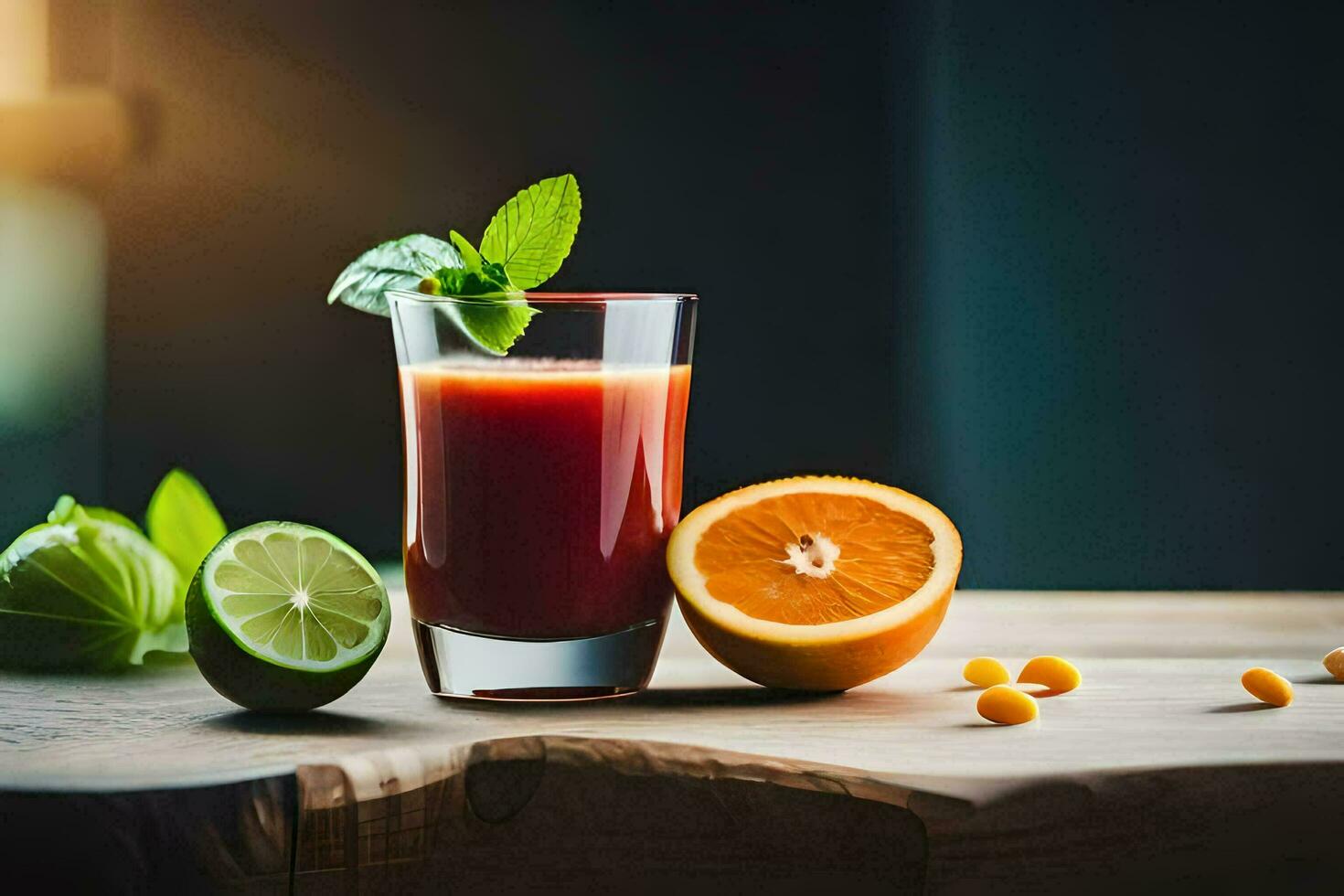 a glass of juice with oranges and mint leaves. AI-Generated photo