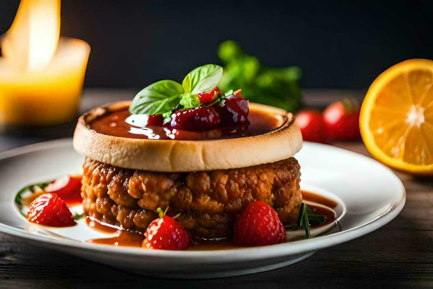 a dessert with strawberries and a candle on a plate. AI-Generated photo
