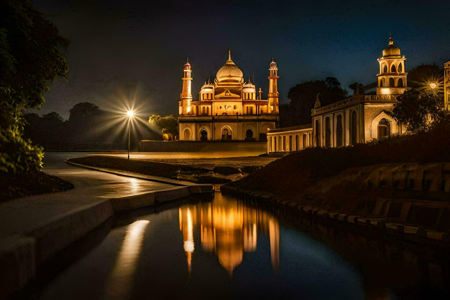 the night view of a mosque in india. AI-Generated photo