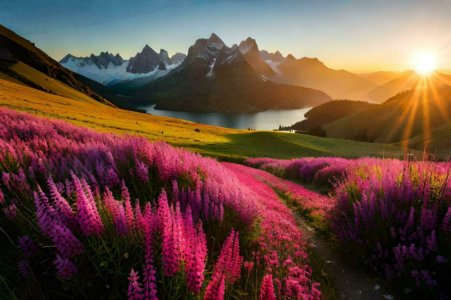 the sun rises over the mountains and the flowers bloom in the valley. AI-Generated photo