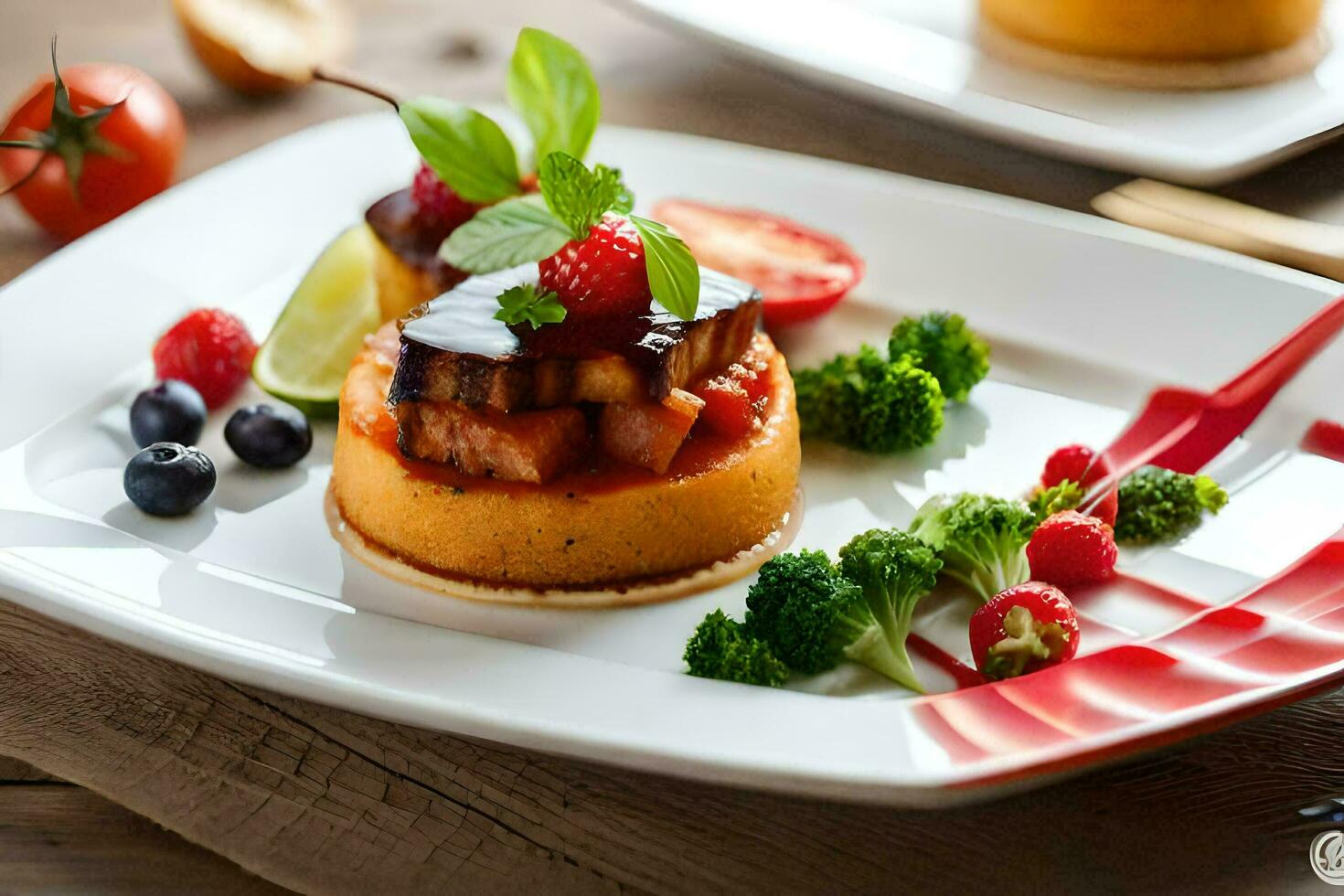 a plate with a dessert and fruit on it. AI-Generated photo