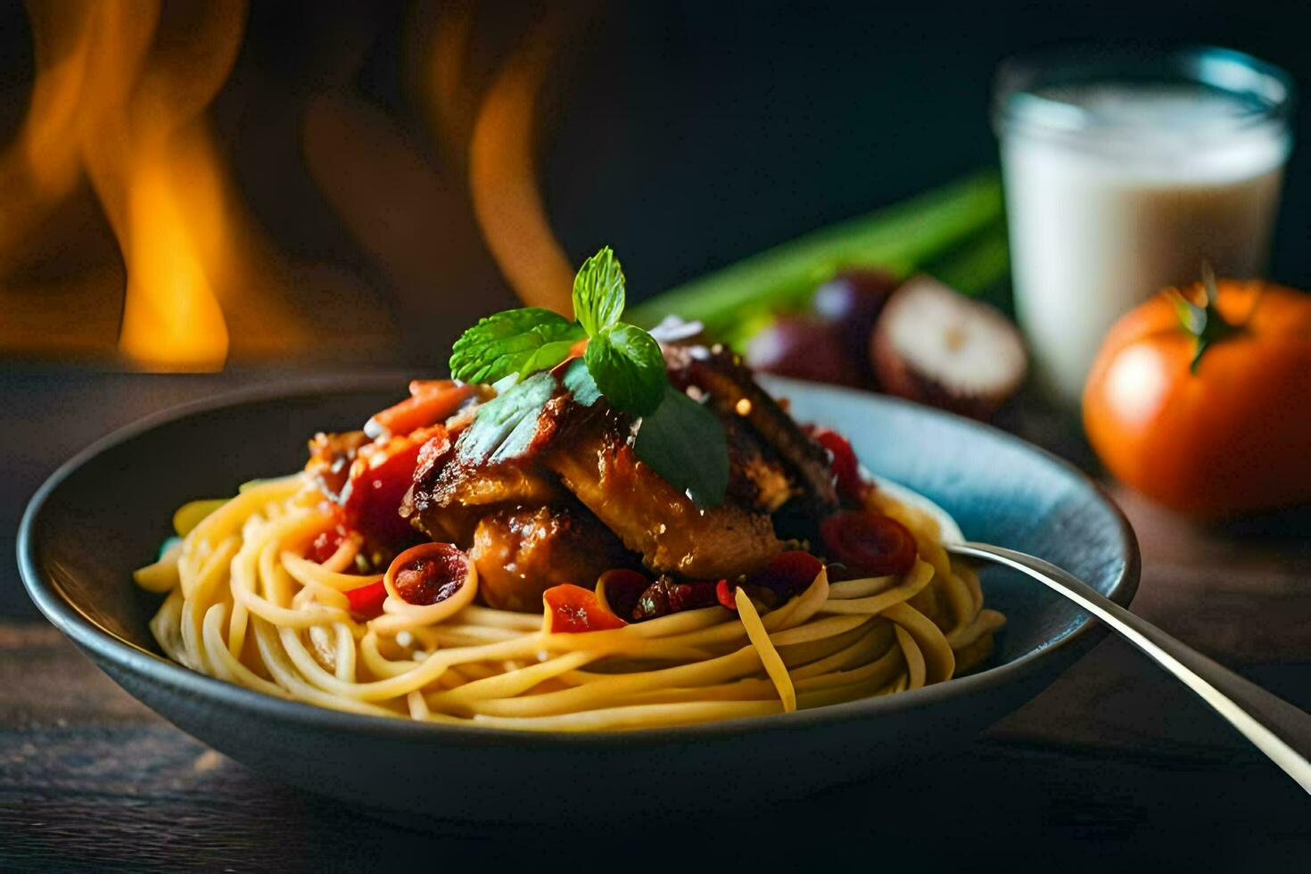 spaghetti with meat and tomatoes in a bowl. AI-Generated photo