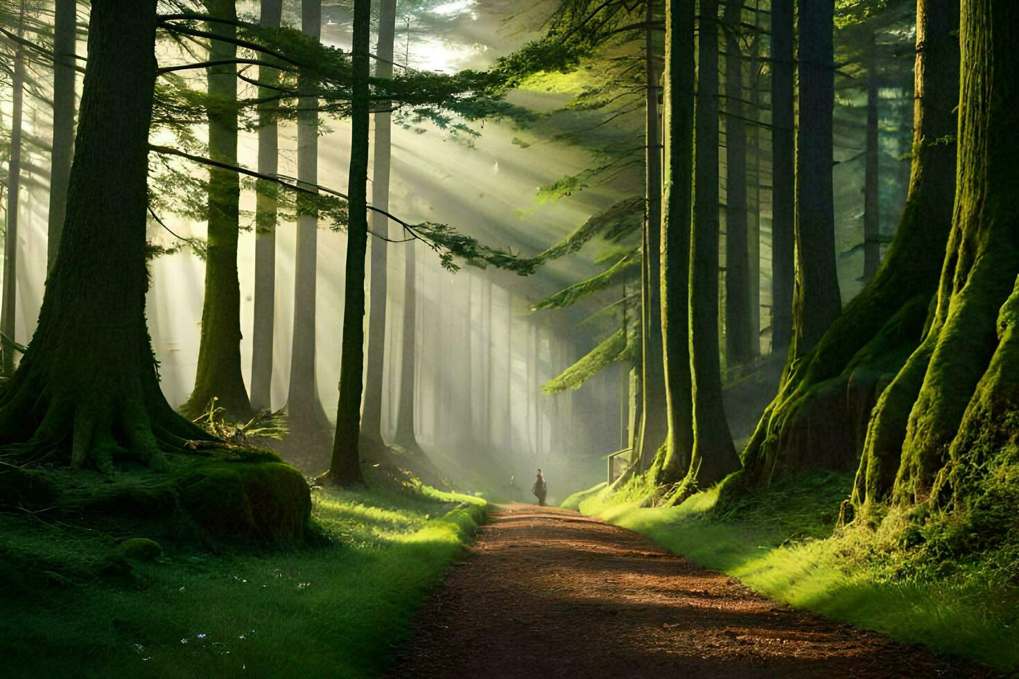 a path through a forest with sunbeams shining down. AI-Generated photo