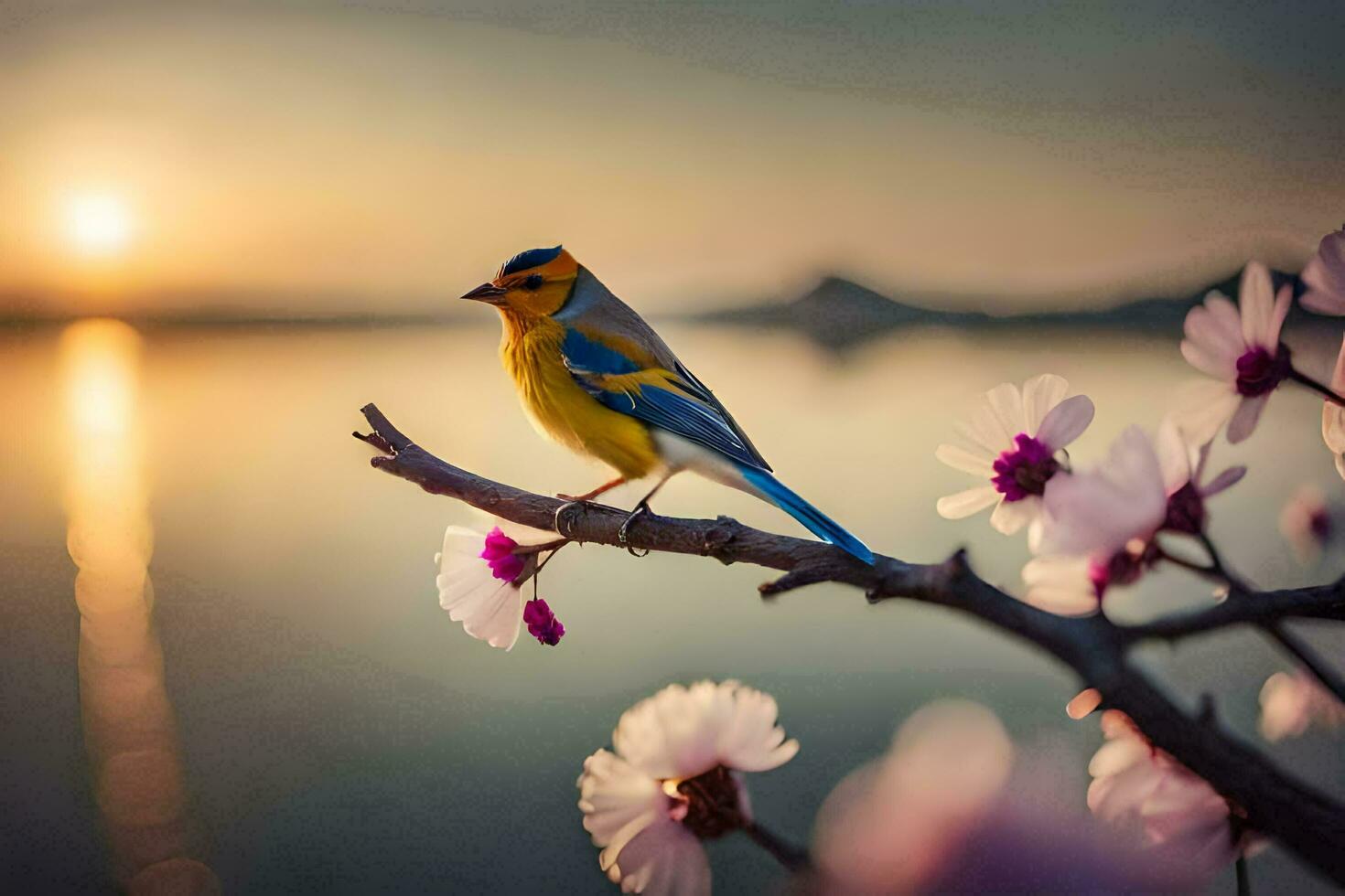 a bird sits on a branch with flowers in the background. AI-Generated photo