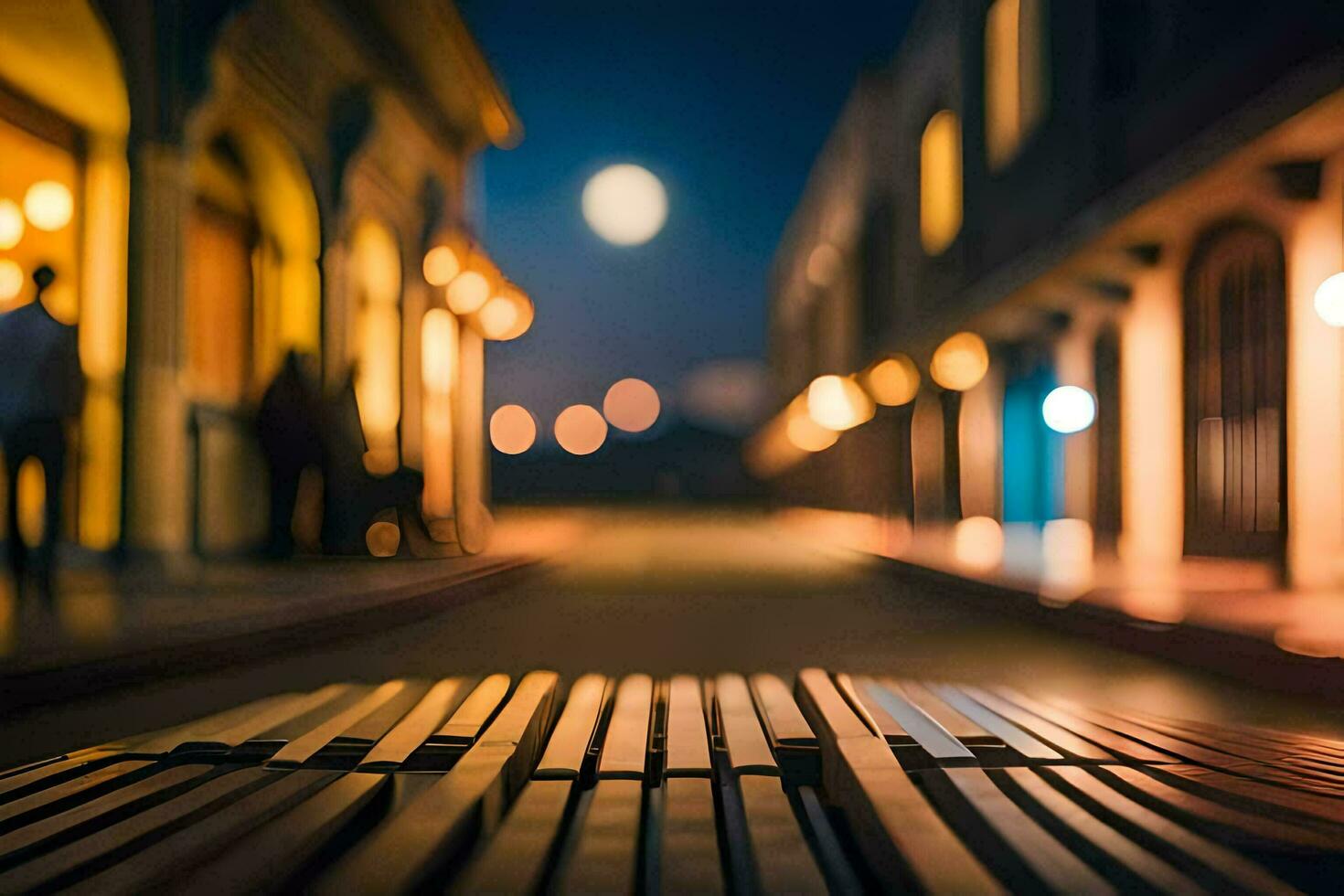 a street with benches and a street light at night. AI-Generated photo