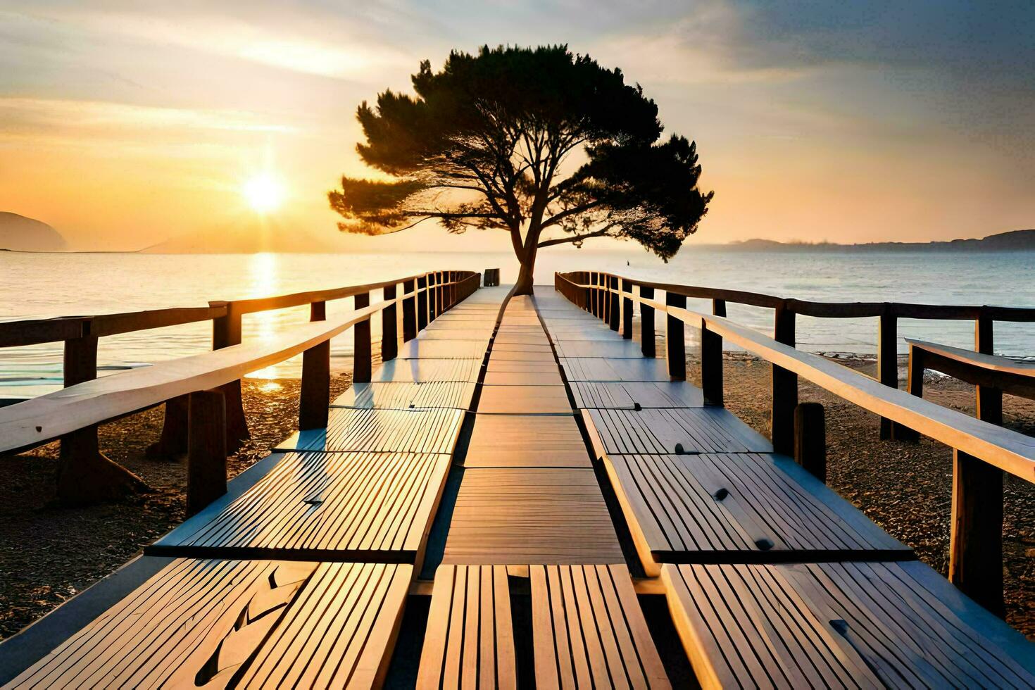 a wooden pier with benches and a tree on the beach. AI-Generated photo