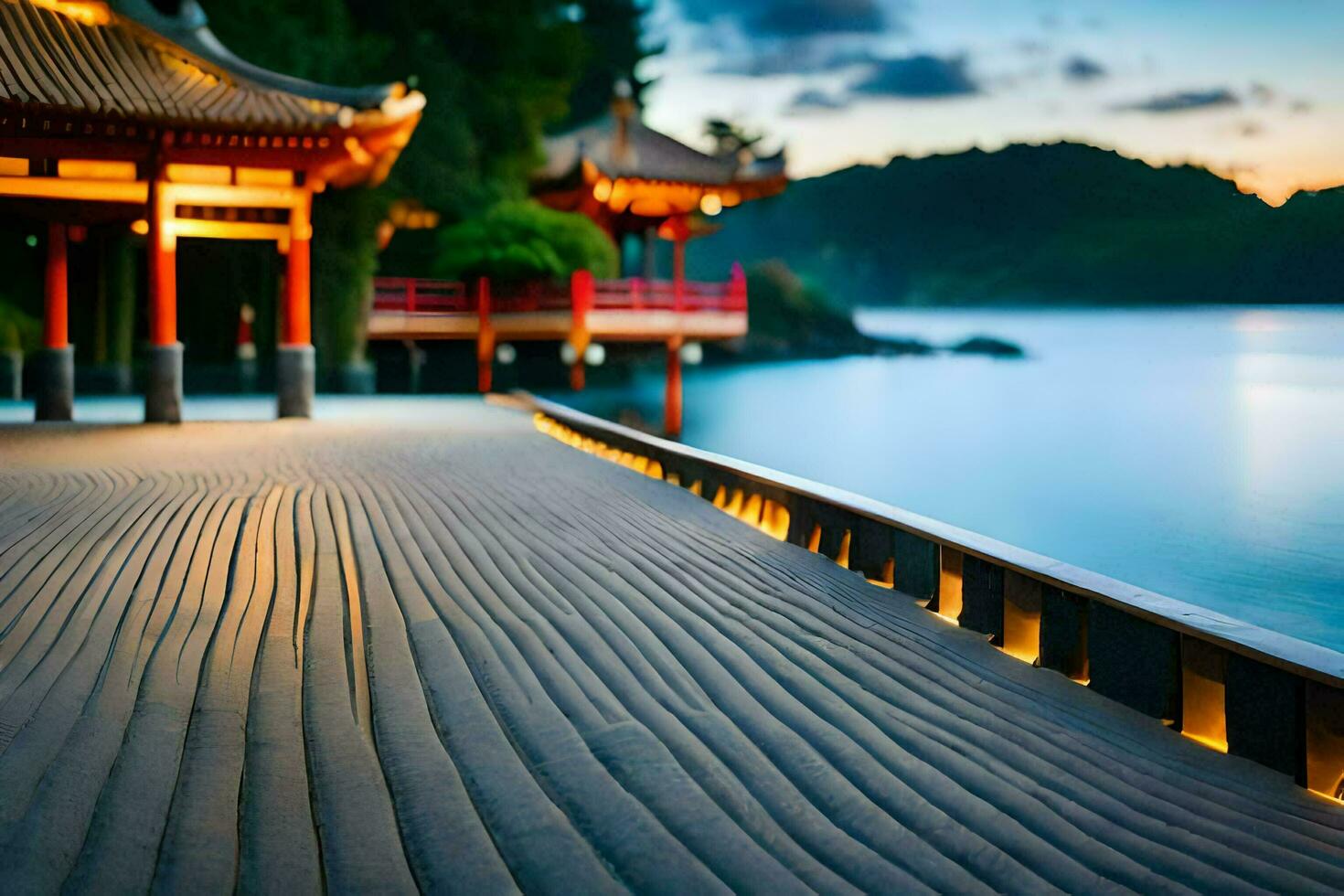 a wooden walkway leads to a pagoda at sunset. AI-Generated photo