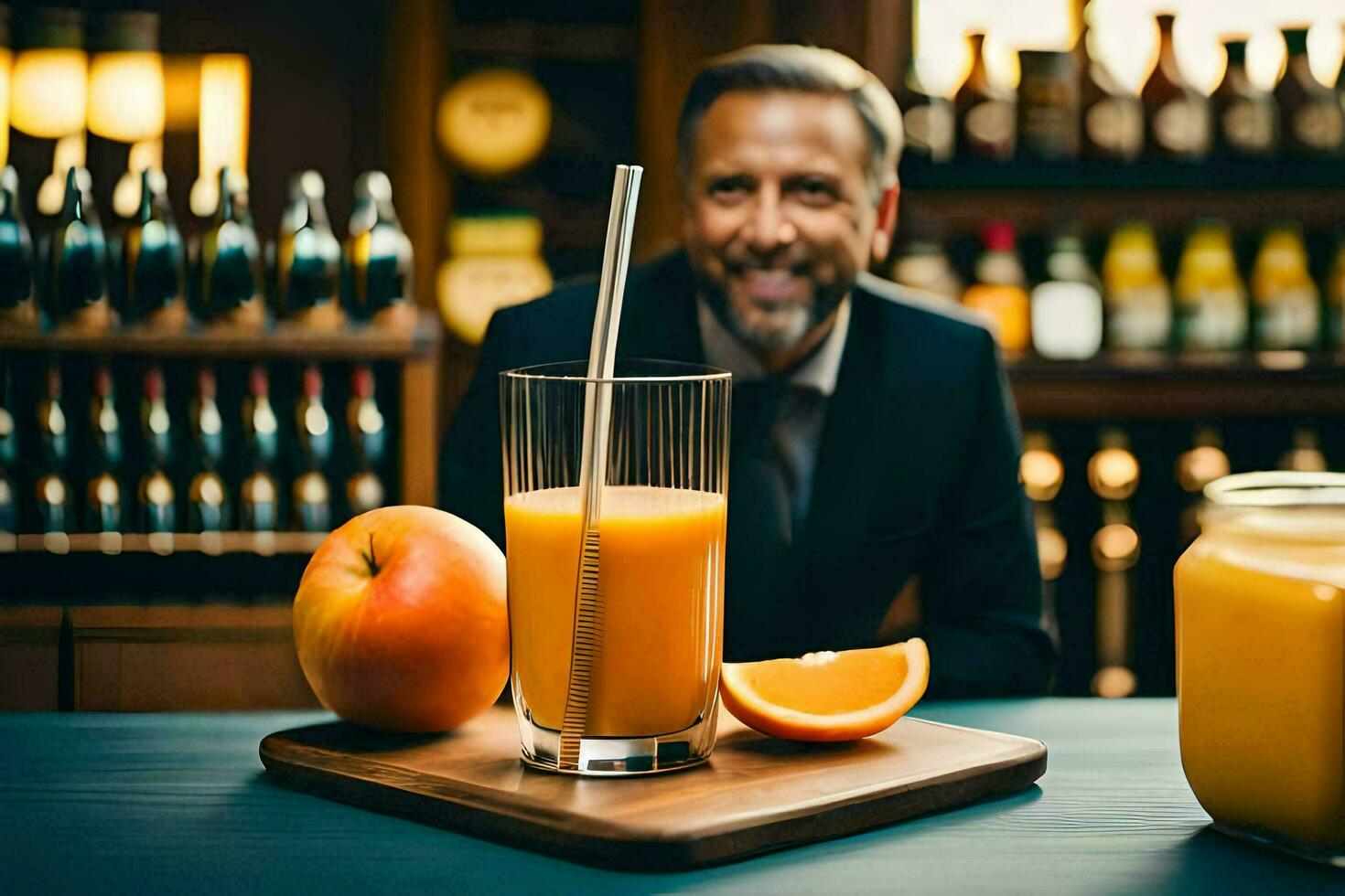 a man in a suit is sitting at a bar with an orange and a glass of juice. AI-Generated photo