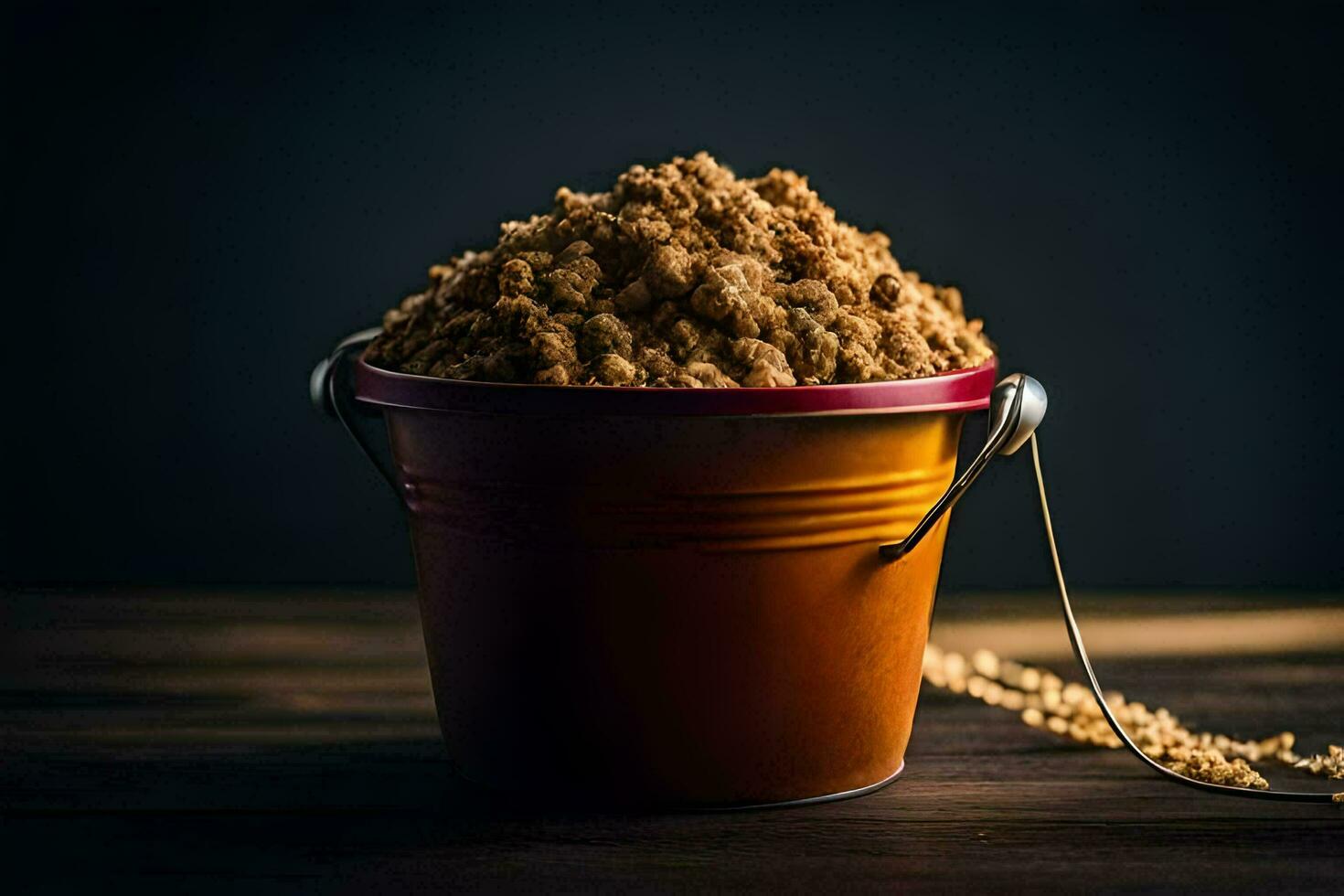 a bucket of brown sugar on a wooden table. AI-Generated photo