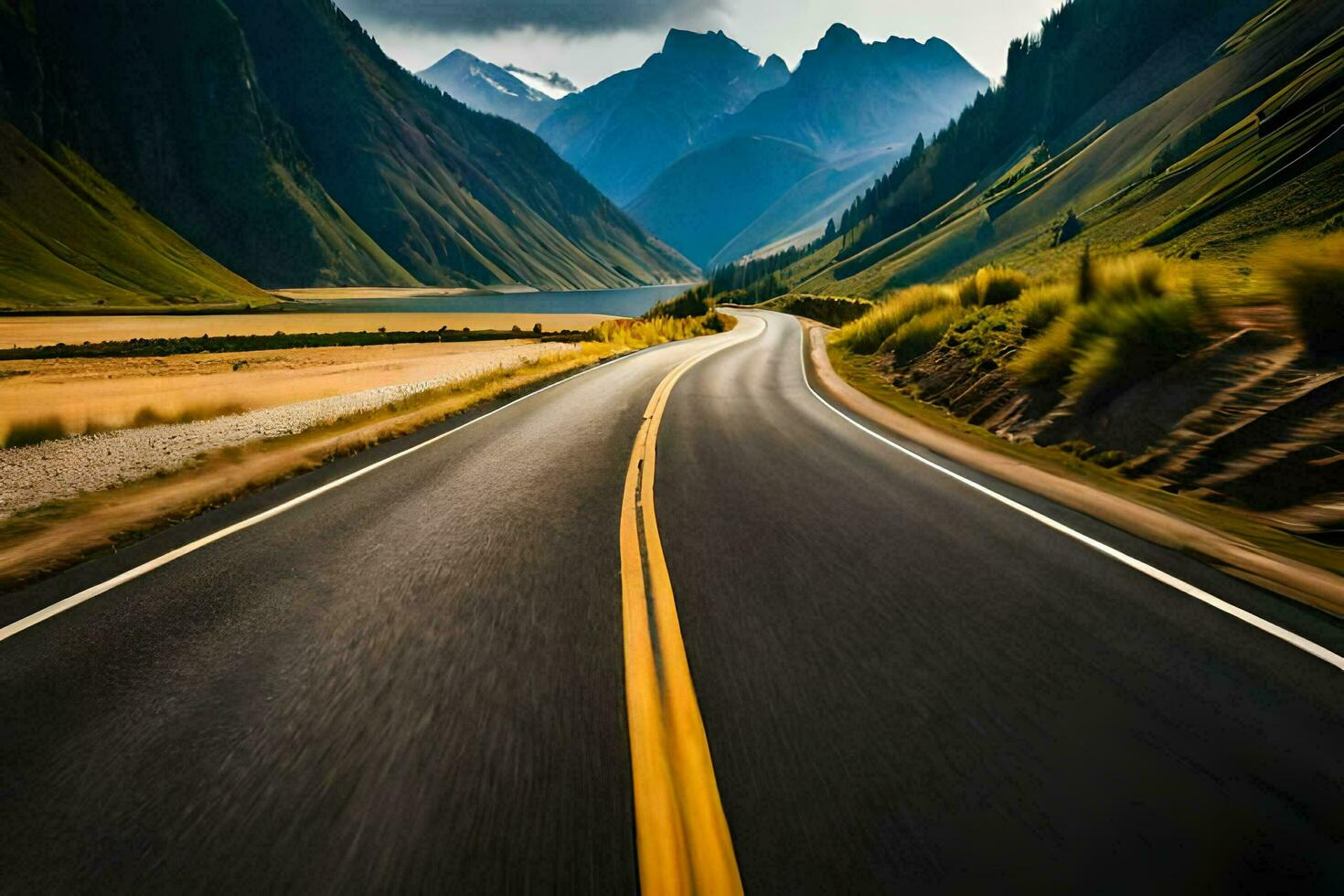 a long road with mountains in the background. AI-Generated photo