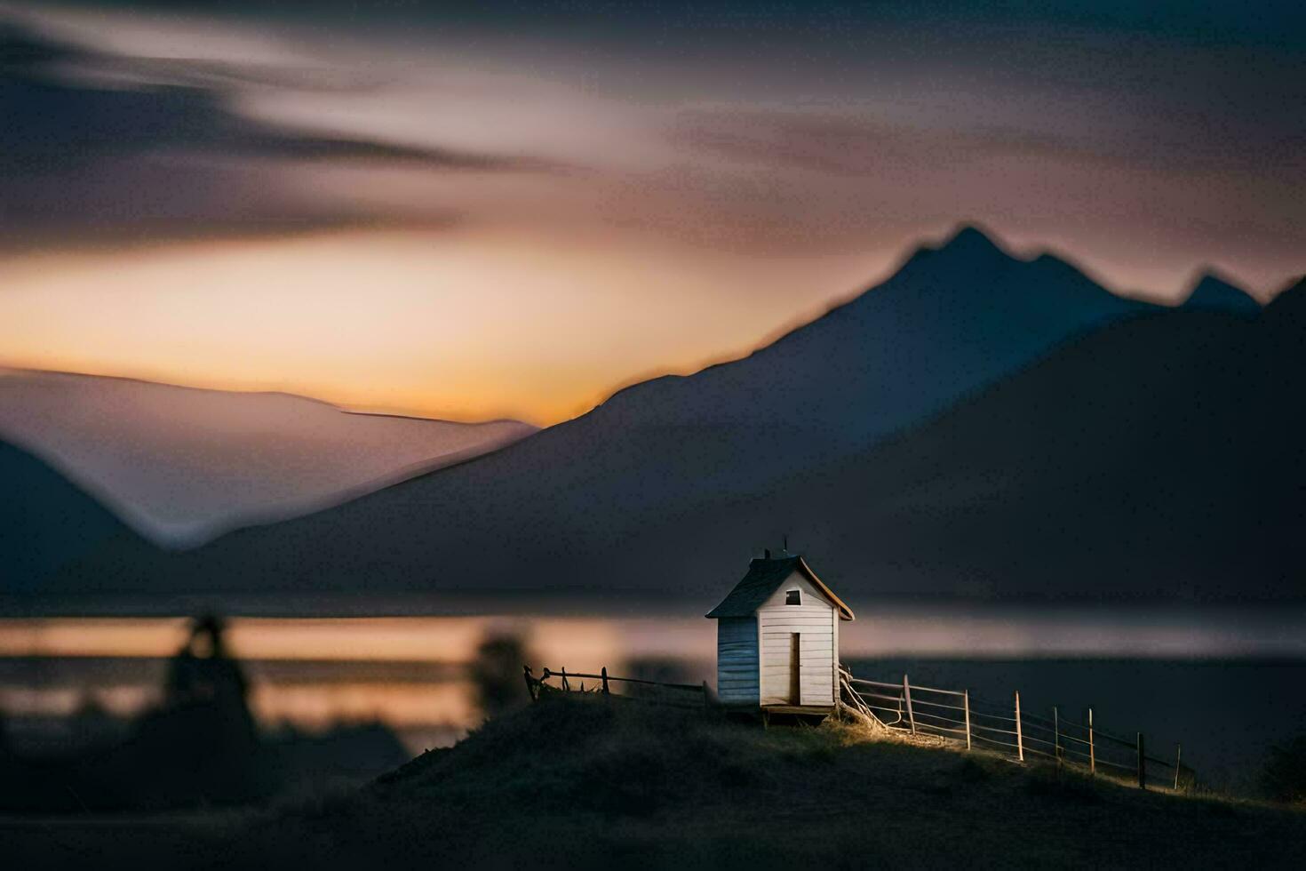 a small house sits on top of a hill overlooking a lake. AI-Generated photo