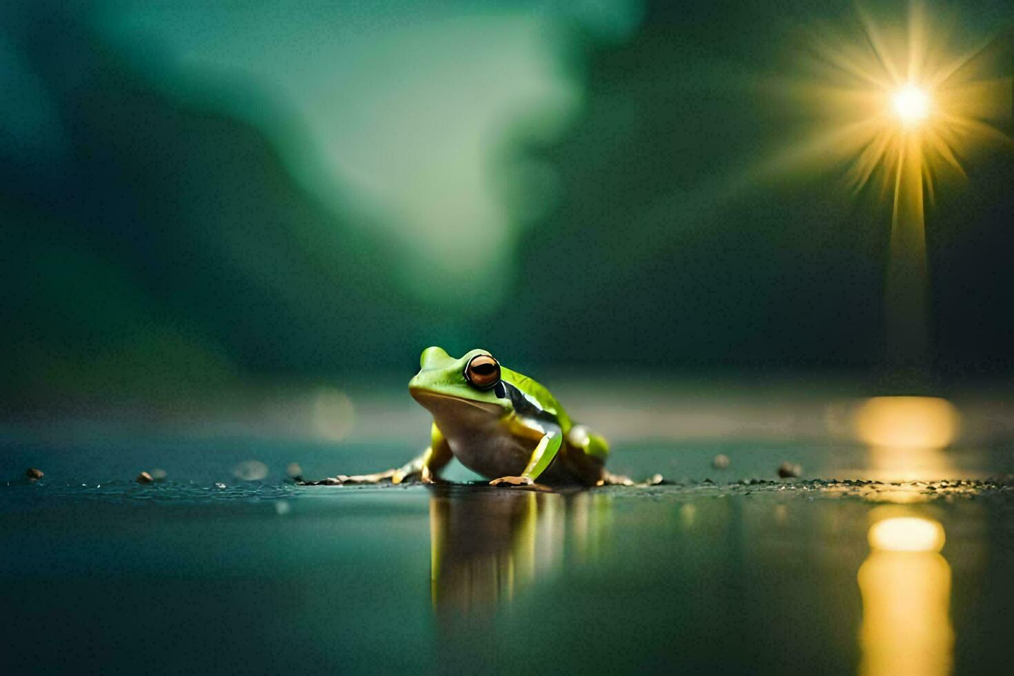 un rana sentado en el suelo en el oscuro. generado por ai foto