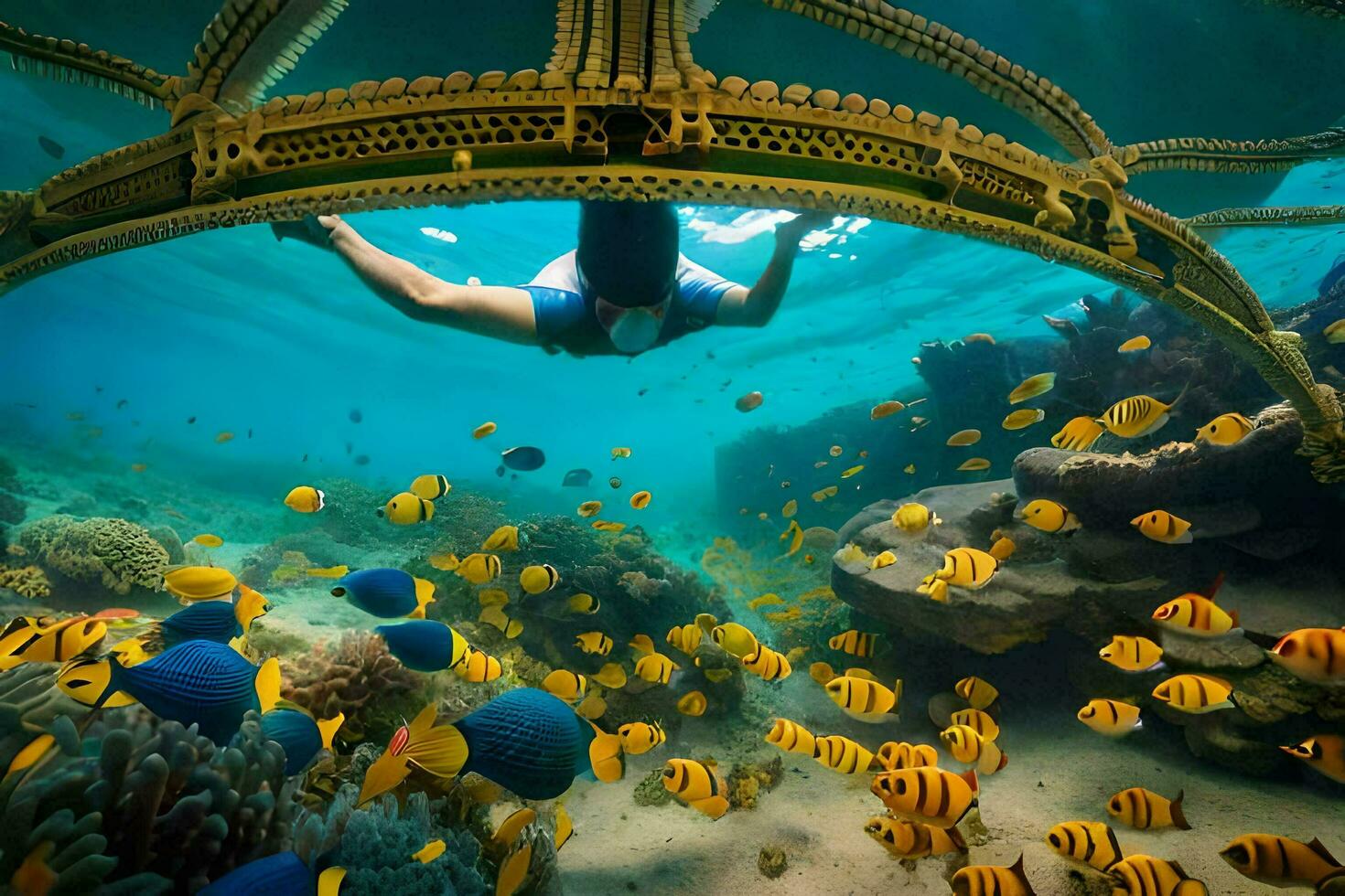 a man swimming under a bridge with a bunch of fish. AI-Generated photo