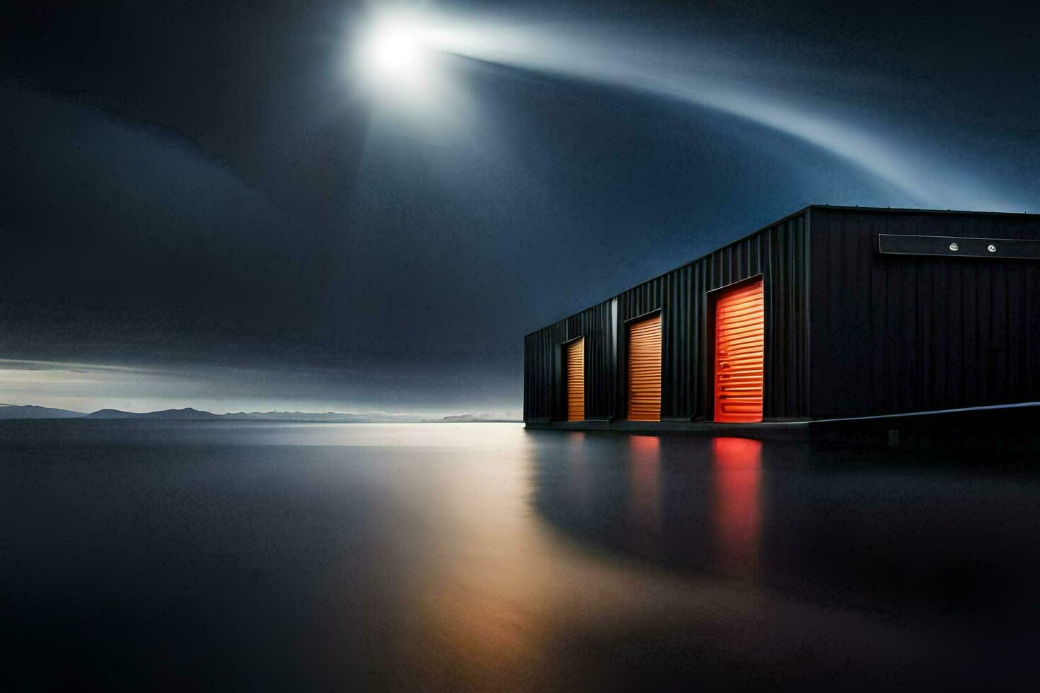 a black building sits on the water in the dark. AI-Generated photo