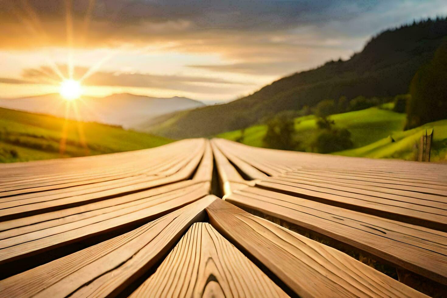 a wooden walkway in the middle of a field. AI-Generated photo