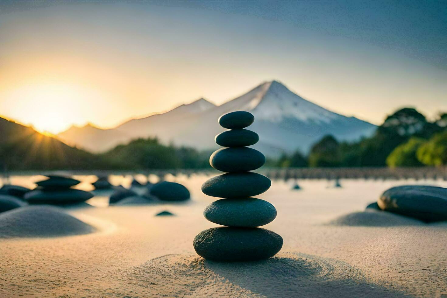 a stack of rocks in front of a mountain. AI-Generated photo