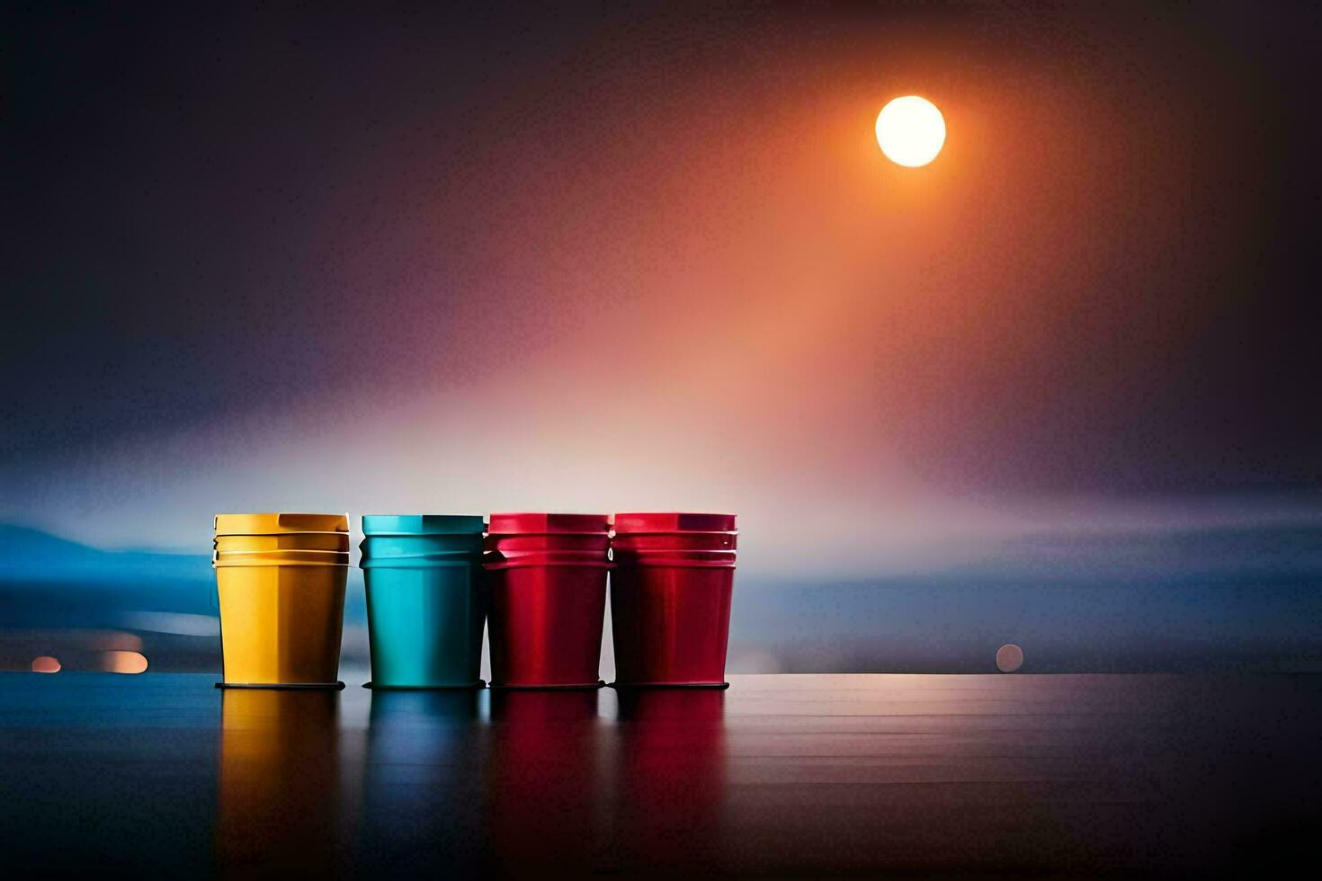 four colorful cups on a table with a full moon in the background. AI-Generated photo