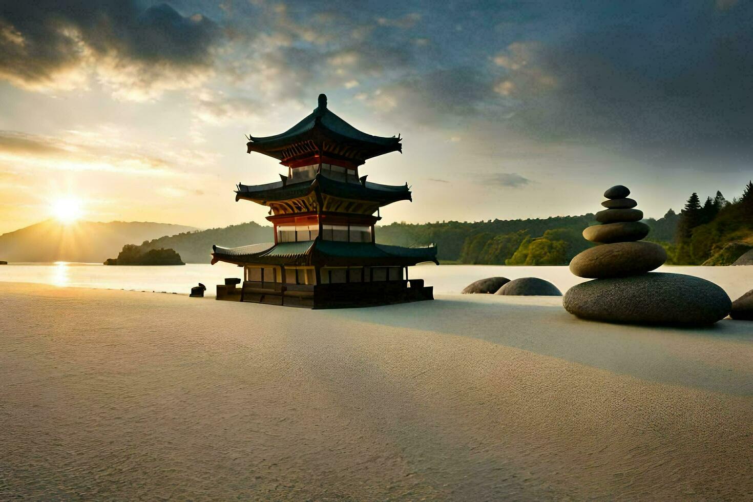 a pagoda sits on the sand near a lake. AI-Generated photo