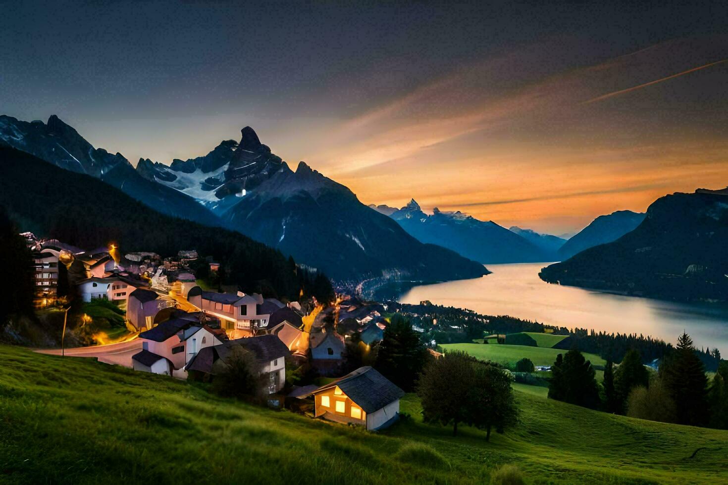 a village in the mountains at sunset. AI-Generated photo