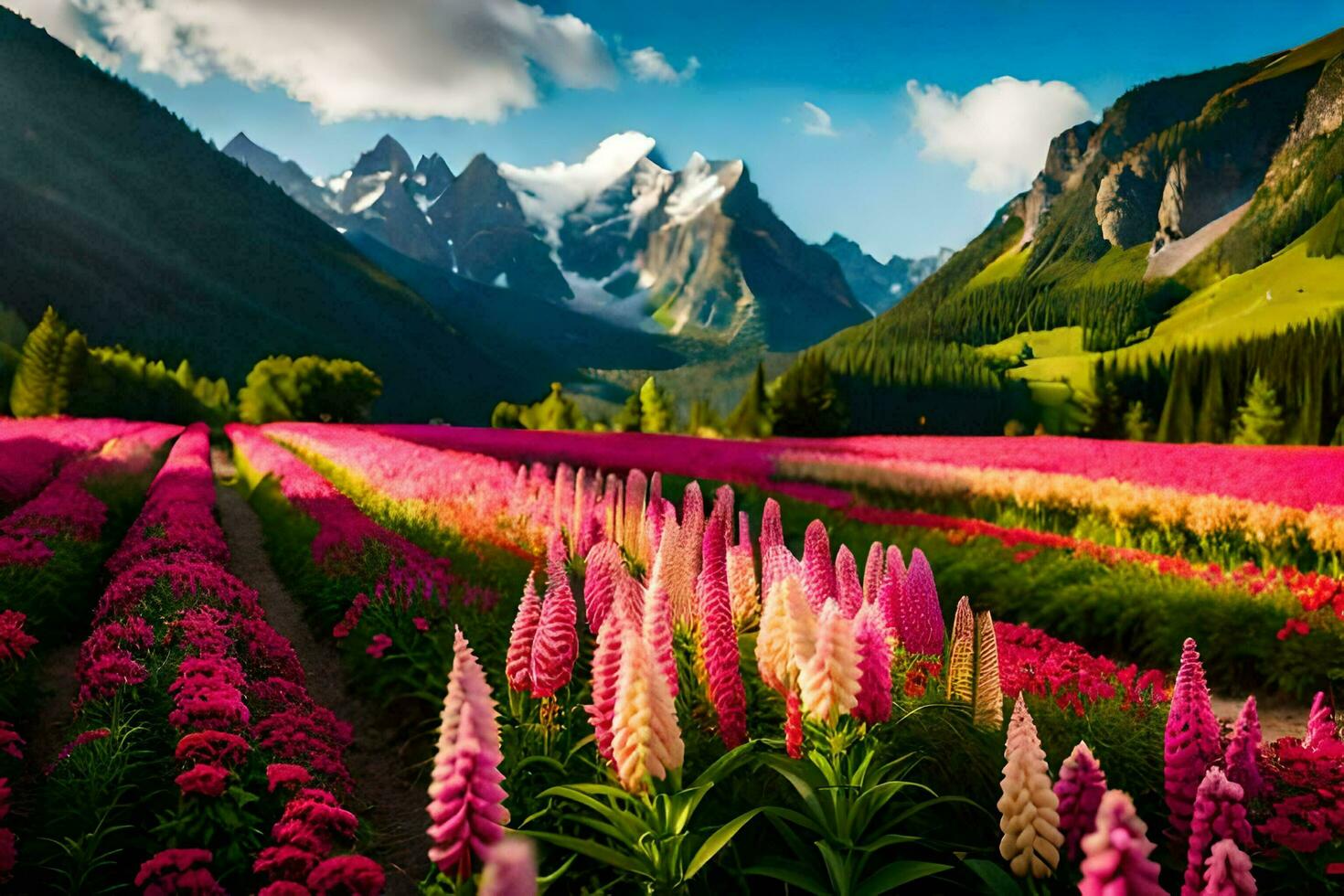 a field of pink flowers in front of mountains. AI-Generated photo