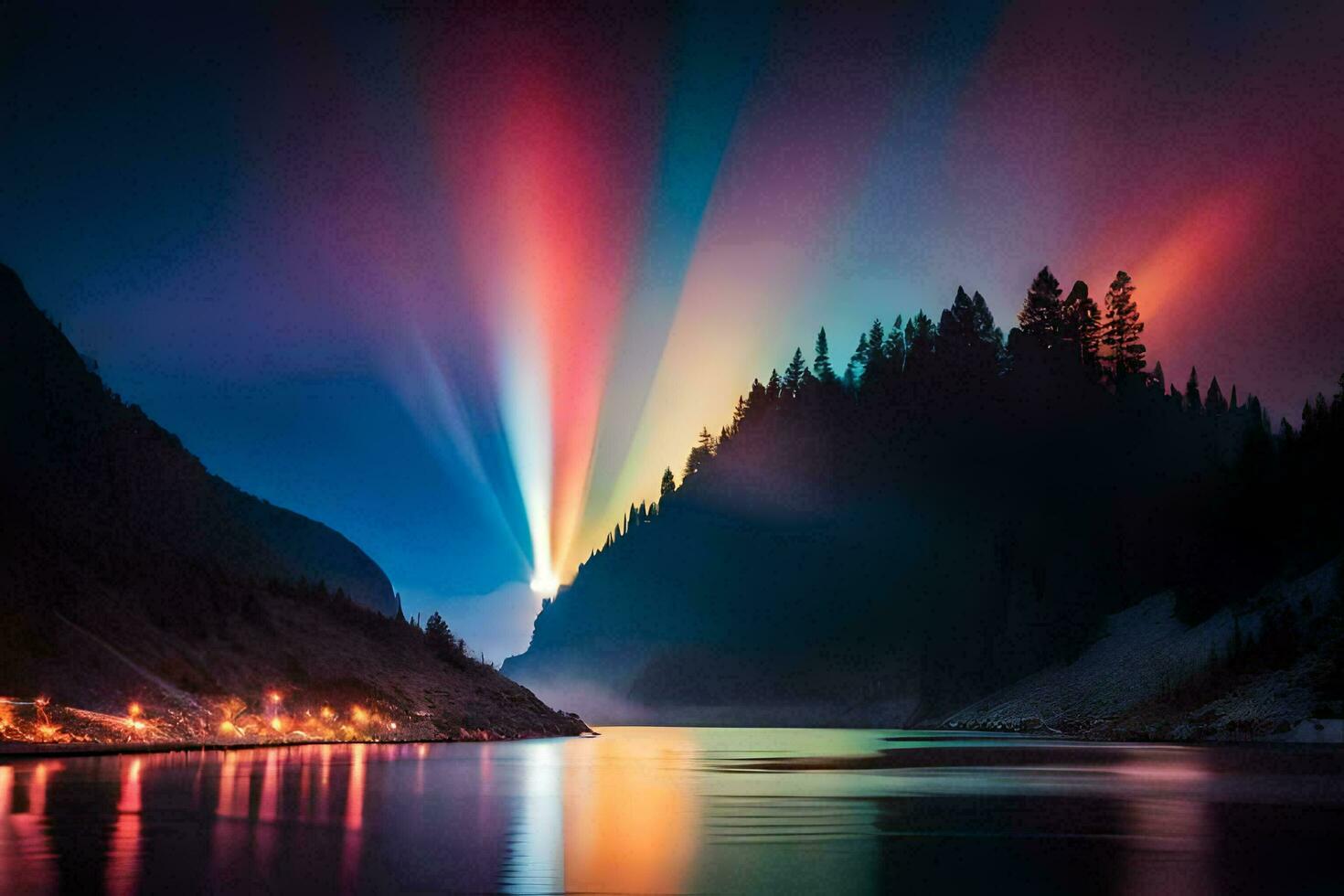 a rainbow light shines over a lake and mountains. AI-Generated photo