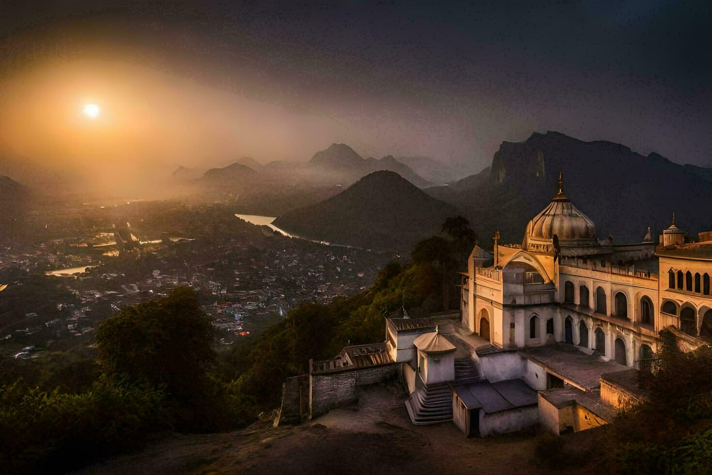 the sun sets over a temple in india. AI-Generated photo