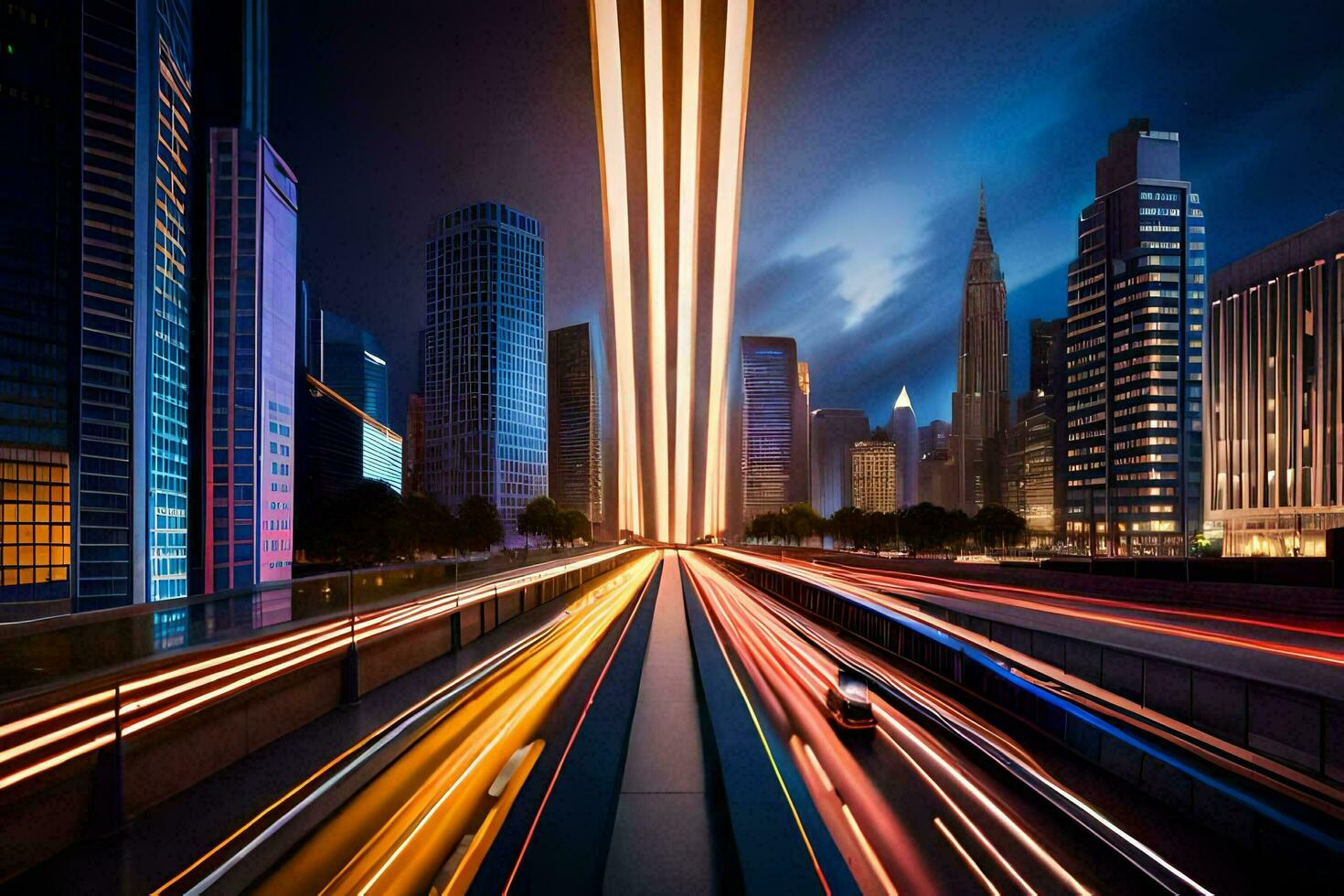 un ciudad calle a noche con ligero caminos. generado por ai foto