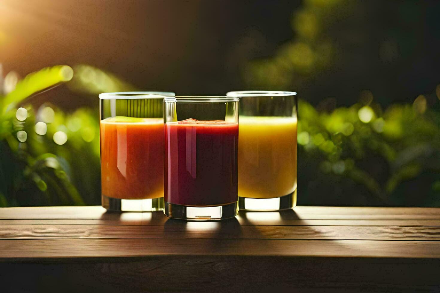 Tres lentes de naranja jugo en un mesa. generado por ai foto